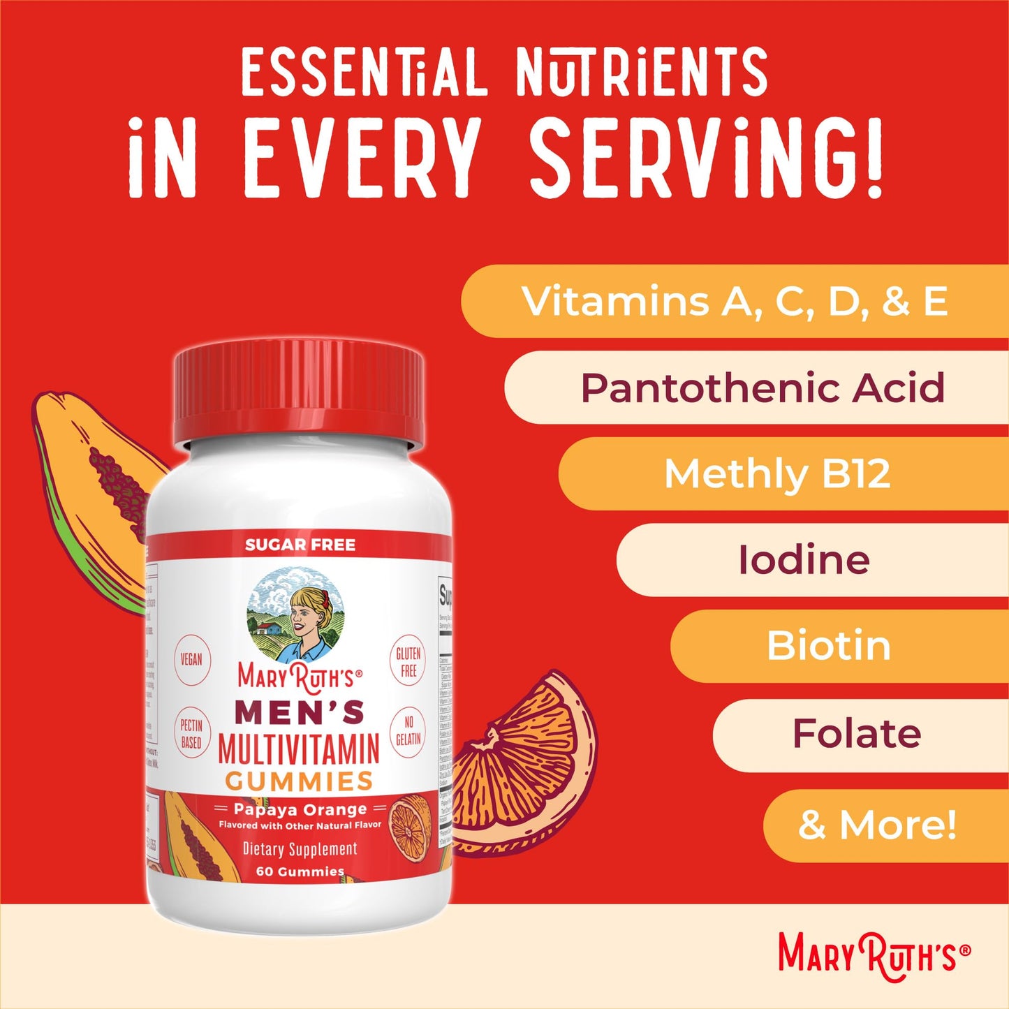 MaryRuth's Multivitamin Gummies for Men | Vitamin A, C, D, E, B6, B12, Biotin, Zinc | Energy Metabolism | Immunity | Bone Health | Cellular Health | Vegan | Non-GMO | Gluten & Sugar Free | 60 Count MARYRUTH'SUS supplements
