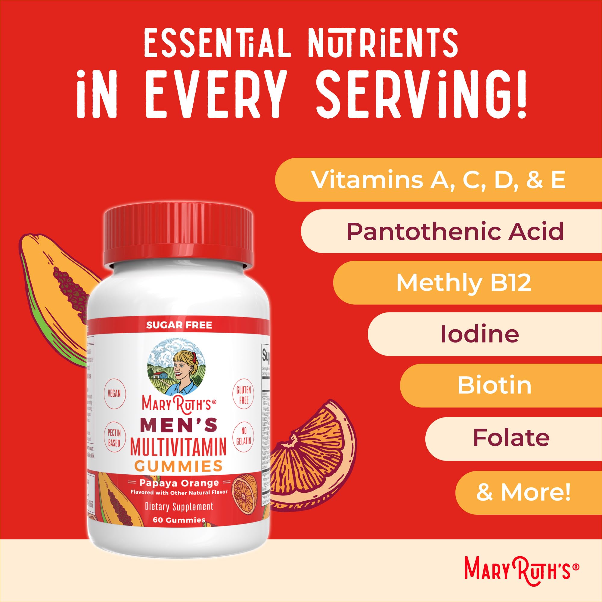 MaryRuth's Multivitamin Gummies for Men | Vitamin A, C, D, E, B6, B12, Biotin, Zinc | Energy Metabolism | Immunity | Bone Health | Cellular Health | Vegan | Non-GMO | Gluten & Sugar Free | 60 Count MARYRUTH'SUS supplements