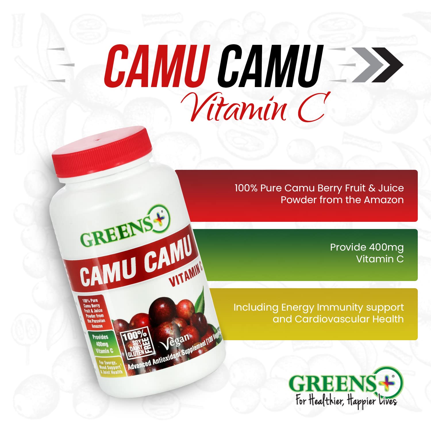 Greens+ Organic Reds Superfood Powder Camu Camu Dietary 400mg Vitamin C SuperFruit Supplement 120 Capsules, 100% Natural, Vitamins & Minerals, Vegan, Soy/Dairy/Gluten Free Greens+Au supplements