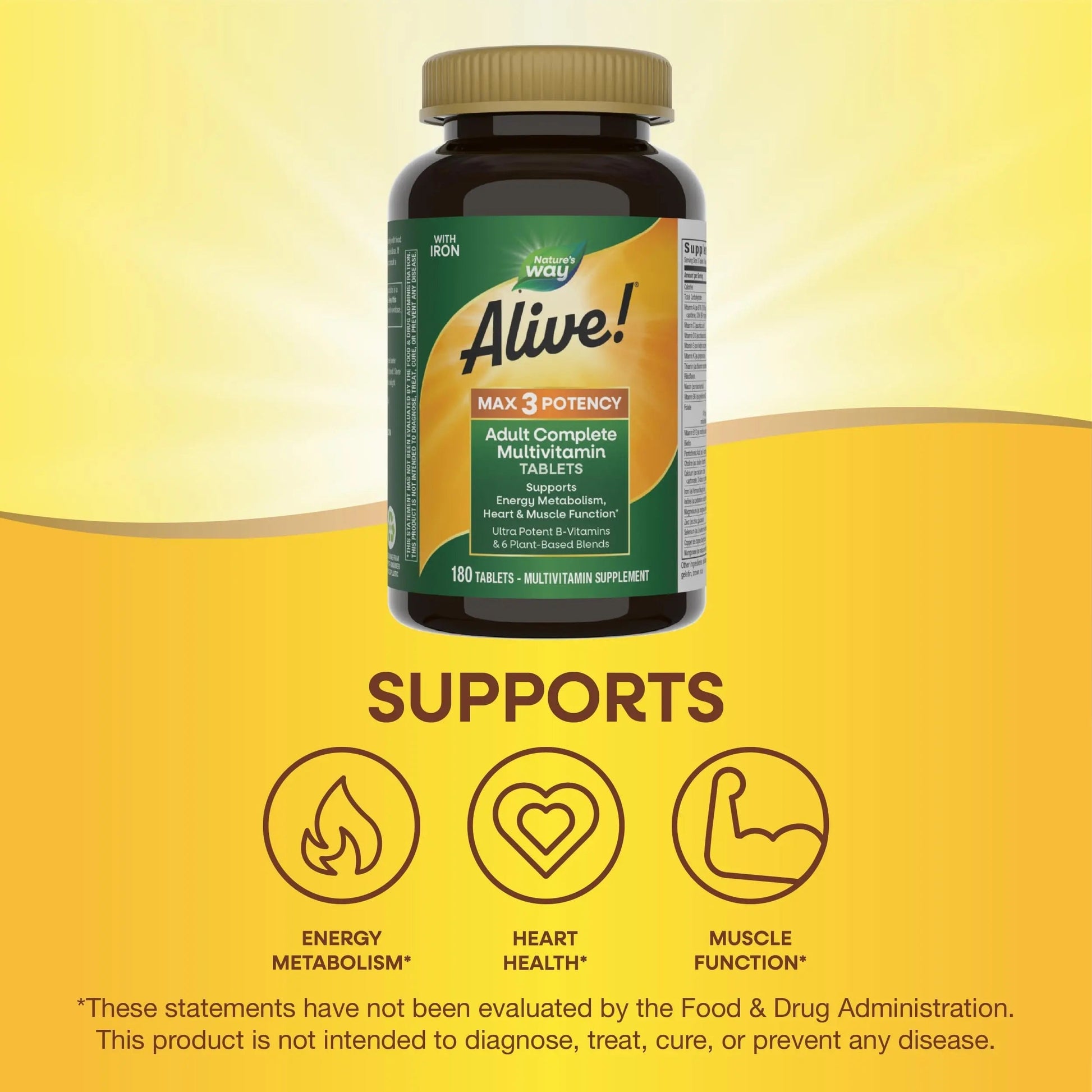 Nature's Way Alive! Max3 Potency Daily Multivitamin, Methylated B12 and Folate, Ultra Potency B-vitamins to Support Energy Metabolism*, 180 Tablets Nature's WayAu supplements
