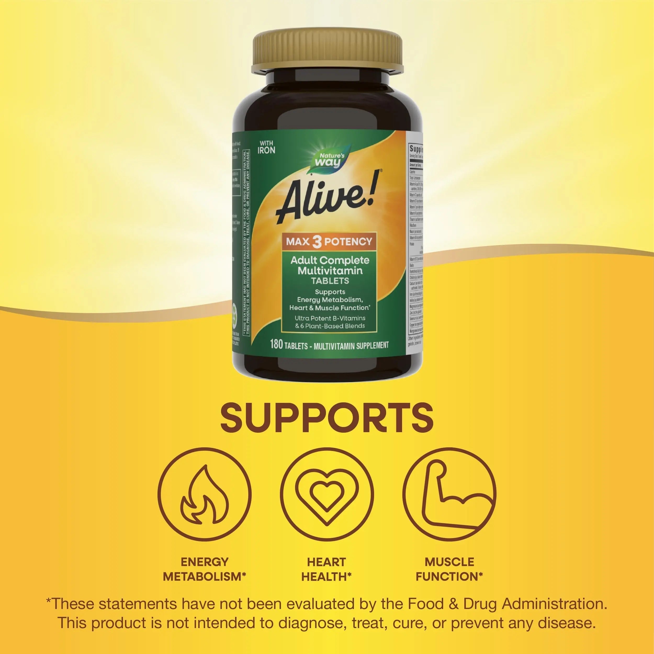 Nature's Way Alive! Max3 Potency Daily Multivitamin, Methylated B12 and Folate, Ultra Potency B-vitamins to Support Energy Metabolism*, 180 Tablets Nature's WayAu supplements