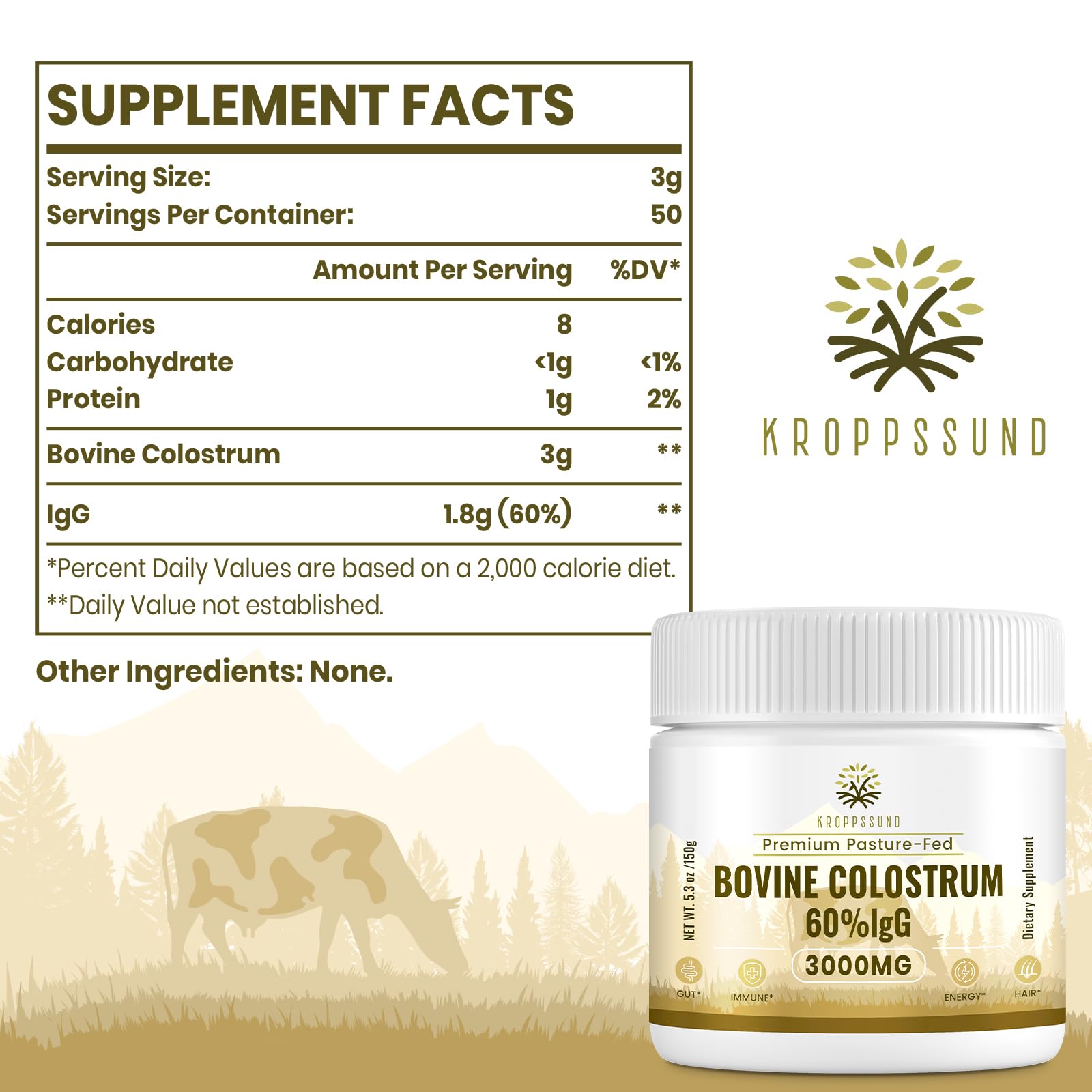 Kroppssund Bovine Colostrum Powder Supplement 3000 mg - Extra High 60% IgG Bovine Colostrum - Gut, Bone, Exercise, Immune - 50 Servings (1 Bottle) KroppssundAu supplements