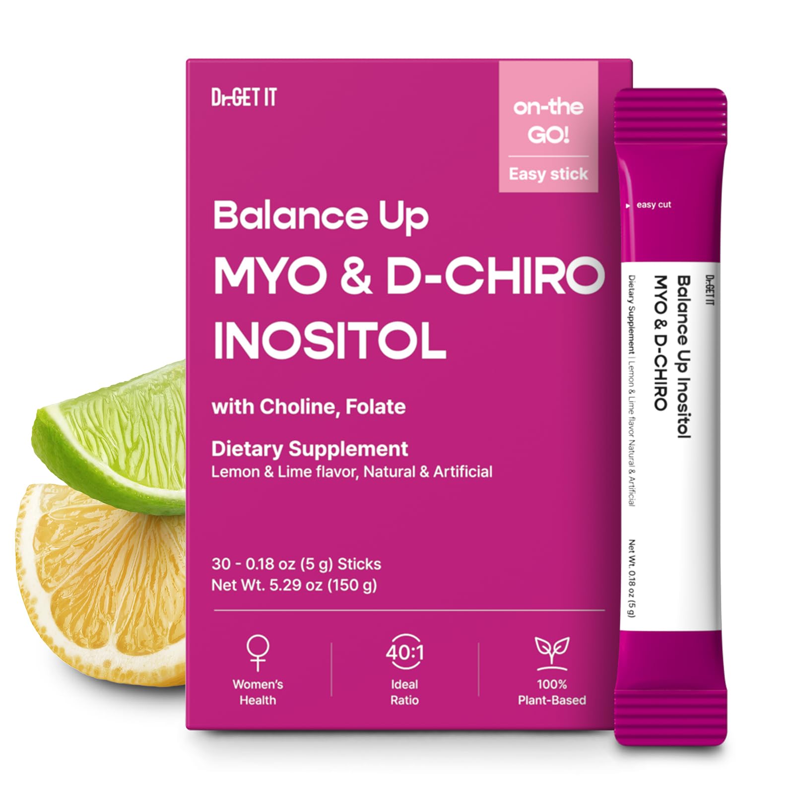 Dr.GET IT Balance Up Inositol 40:1 Myo & D-Chiro with Folate & Choline – Hormone Balance & Reproductive Health Support for Women – Lemon Lime Stick Powder, 30 Servings Dr.GET ITAu supplements