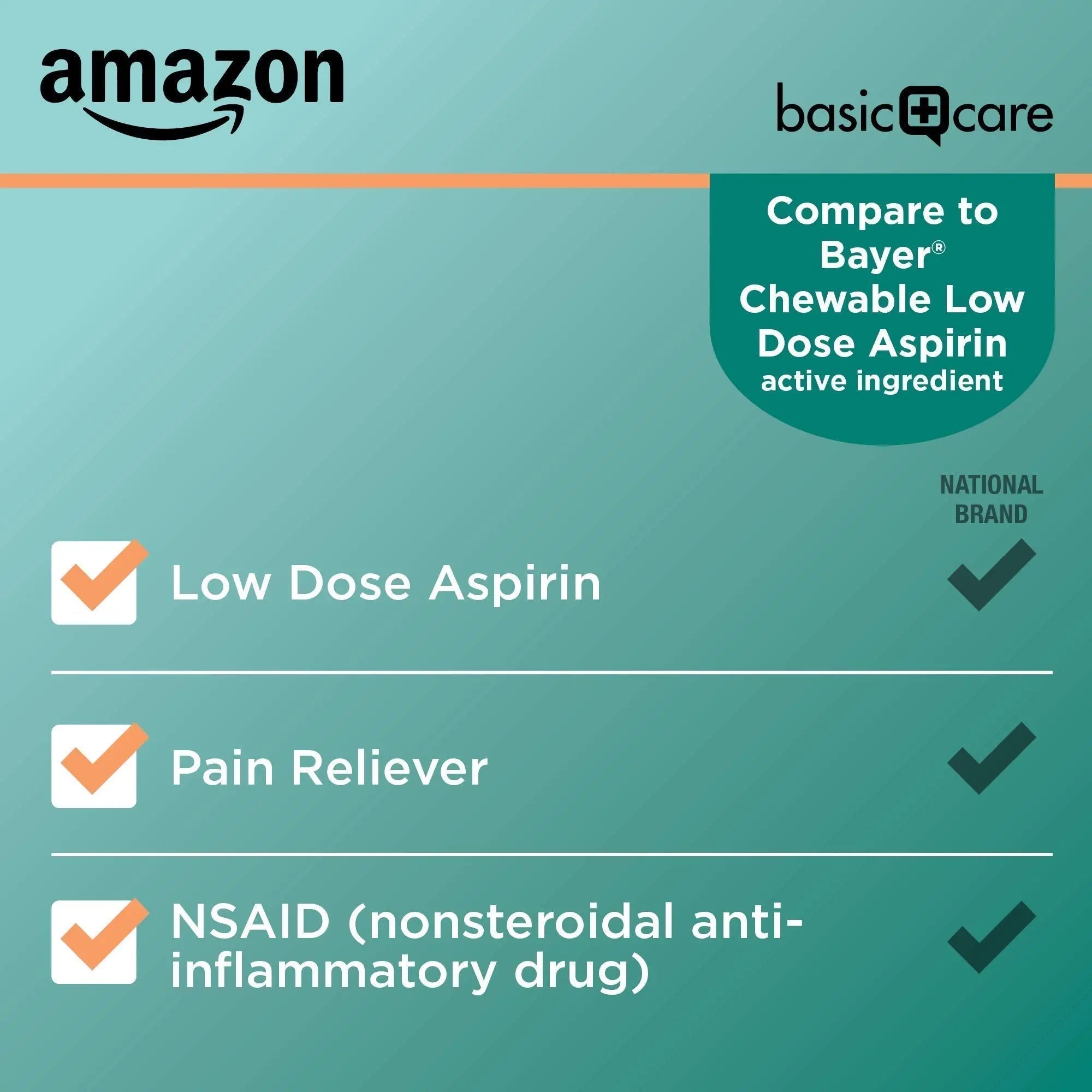Amazon Basic Care Aspirin 81 mg Pain Reliever (NSAID) Chewable Tablets, Low Dose , Orange Flavor, 36 Count (Pack of 3) Amazon Basic CareAu supplements