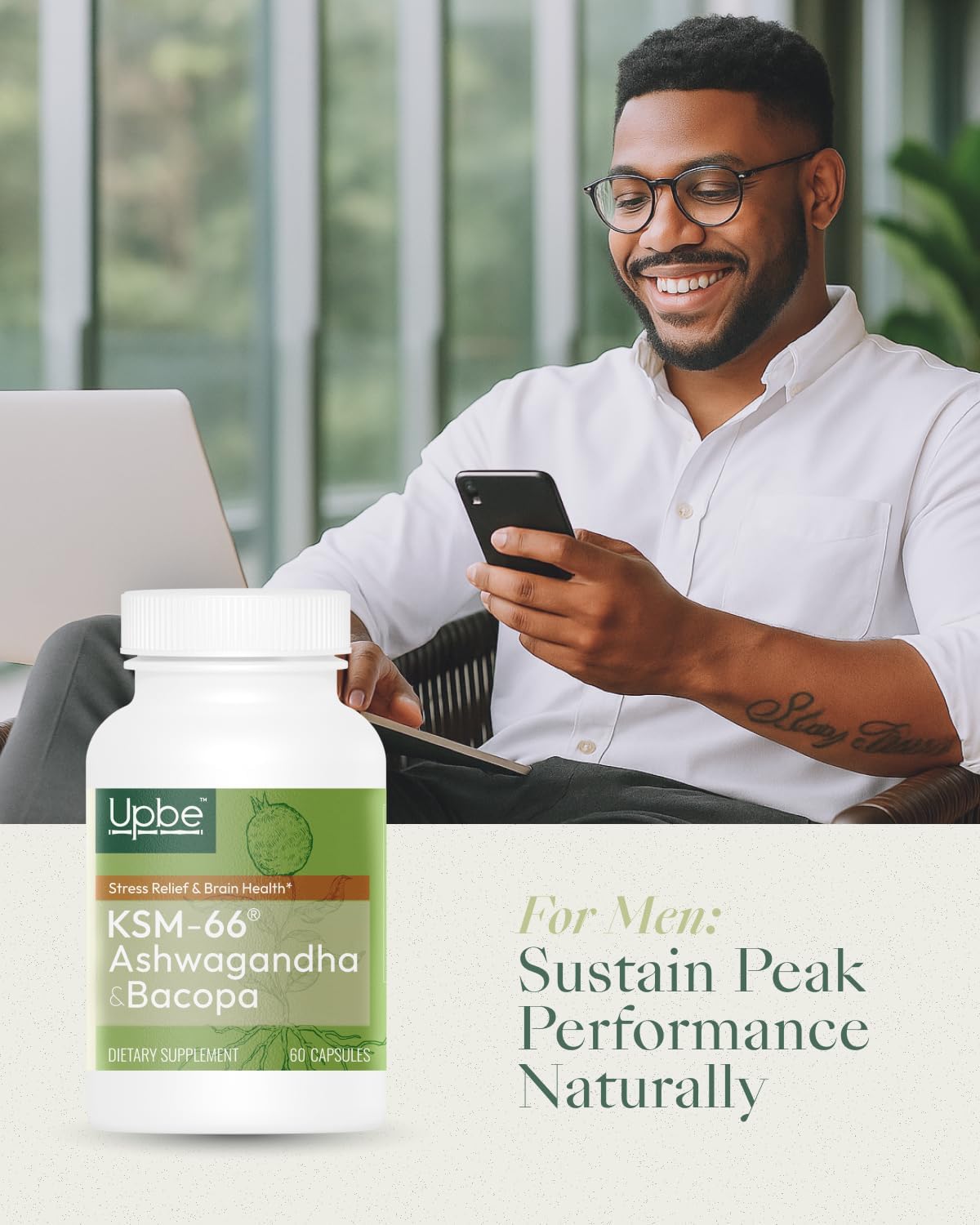Upbe Ashwagandha Supplements for Women & Men - KSM-66® with Bacopa & Milk Thistle, 60 Vegan Capsules - Stress Relief, Mood, Cortisol Support, Extra Strength Ashwagandha Capsules UpbeAu supplements