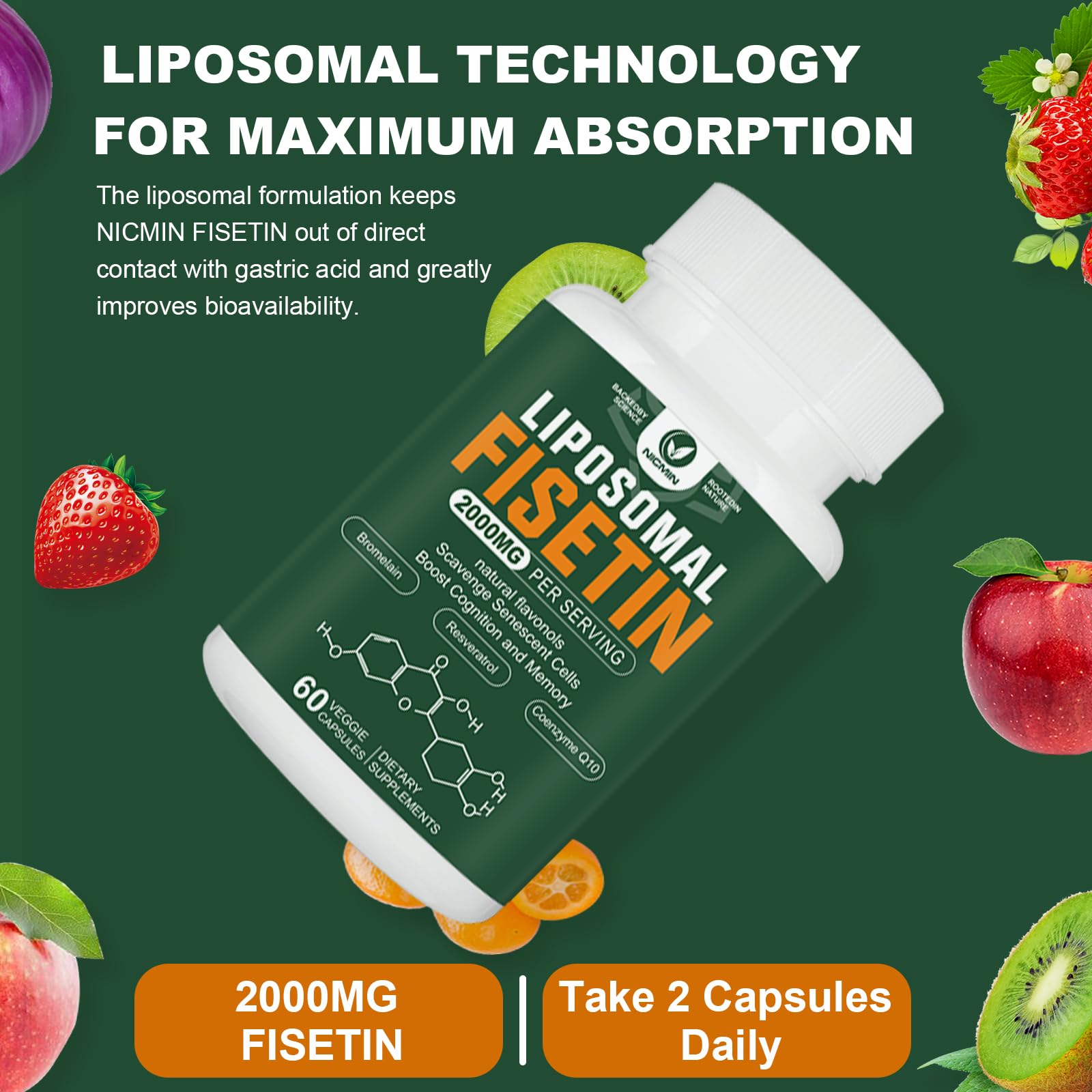 Liposomal Fisetin Supplement, 2000MG, 98% Pure Fisetin Polyphenols Antioxidants, with Quercetin, TMG and Resveratrol, for Healthy Aging, Cognitive Support, 120 Capsules NICMINAu supplements