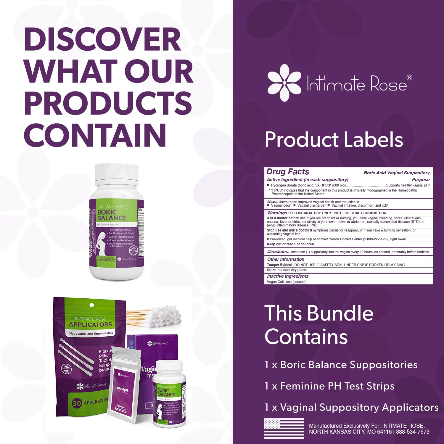 Intimate Rose Boric Acid Suppositories + 15 Count Vaginal Suppository Applicator + pH Test Strips Intimate RoseAu supplements
