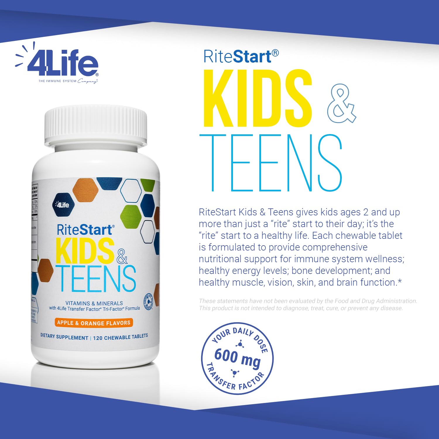4Life RiteStart Kids and Teens- Apple, Orange Flavors, 22 Essential Vitamins, Minerals, Immune System and Brain Support Ages 2+ - 120 Chewable Tablets 4LifeAu supplements
