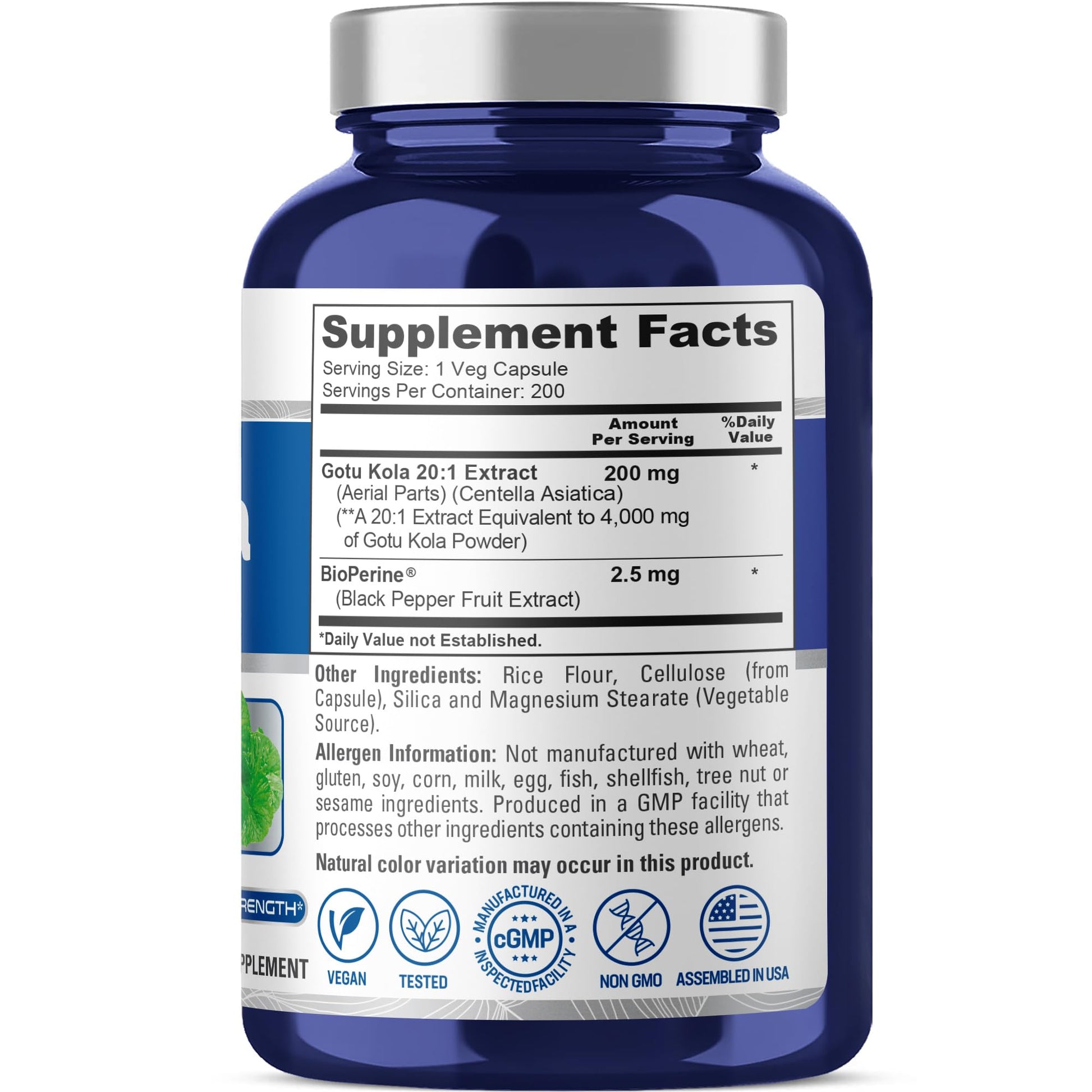 NusaPure Gotu Kola Capsules 20:1 Extract, 200 mg Equivalent to 4000mg Per Veggie Caps, 200 Count, Non-GMO, Vegan, Bioperine - Traditional Herb Extract NusaPureAu supplements