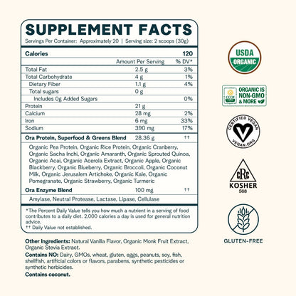 Ora Organic Protein Powder - 21g Plant-Based Protein for Women and Men Pre-Workout Ora OrganicUS supplements