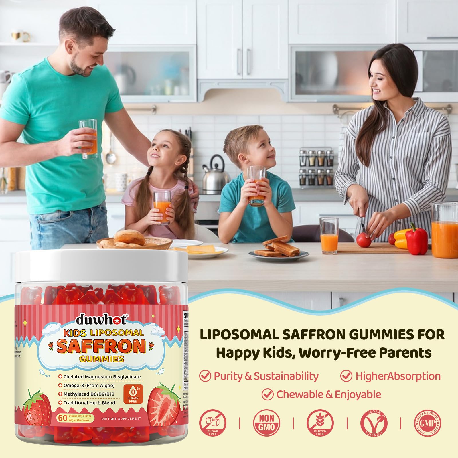 Liposomal Saffron Gummies for Kids 4+, Saffron Supplements w/Holy Basil, Rosemary, Magnesium Glycinate, Omega-3 & More, Brain Focus Support Supplement, Vegan, Organic, Sugar Free, 60 Chewables duwhotAu supplements