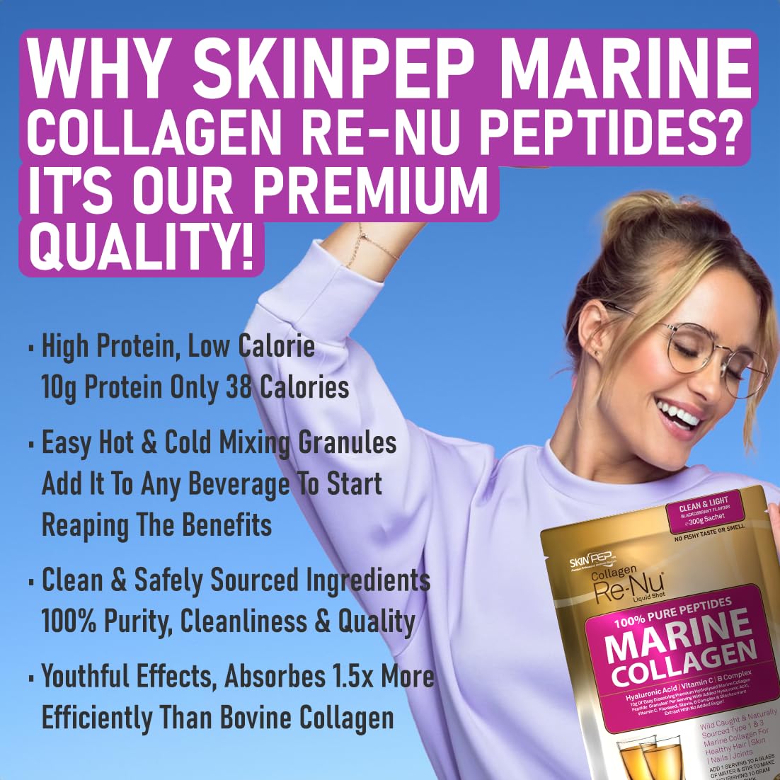 Premium Hydrolysed Marine Collagen Peptide Powder + VIT C, B Complex Hyaluronic Acid, & Stevia. Delicious Taste/No Fishy Smell - SkinPep® Collagen Re-Nu 300g - 30 Days Supply SkinPepUS supplements