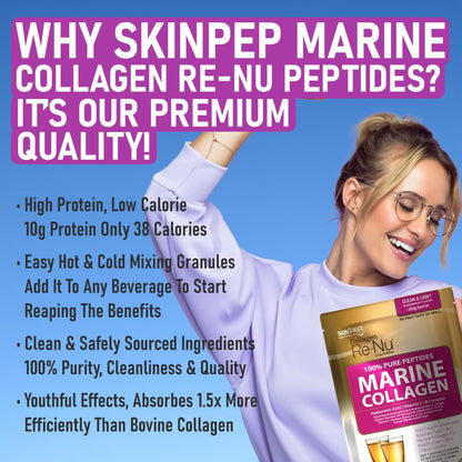 Premium Hydrolysed Marine Collagen Peptide Powder + VIT C, B Complex Hyaluronic Acid, & Stevia. Delicious Taste/No Fishy Smell - SkinPep® Collagen Re-Nu 300g - 30 Days Supply SkinPepUS supplements