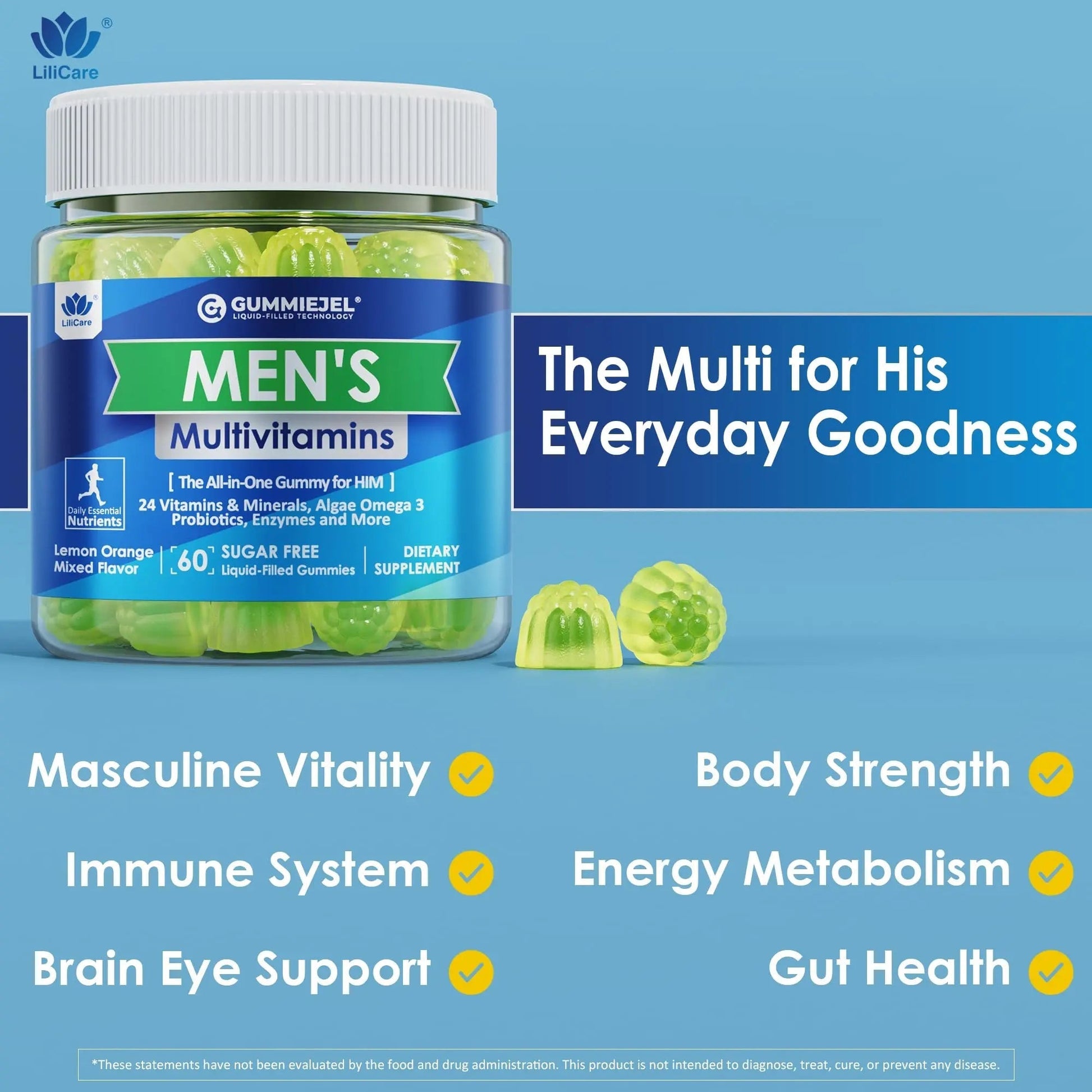 Mens Multivitamins Gummies, Methylated Multivitamin for Men, B Complex, Minerals, Vegan Omega 3, Probiotic, Enzyme LILICAREAu supplements