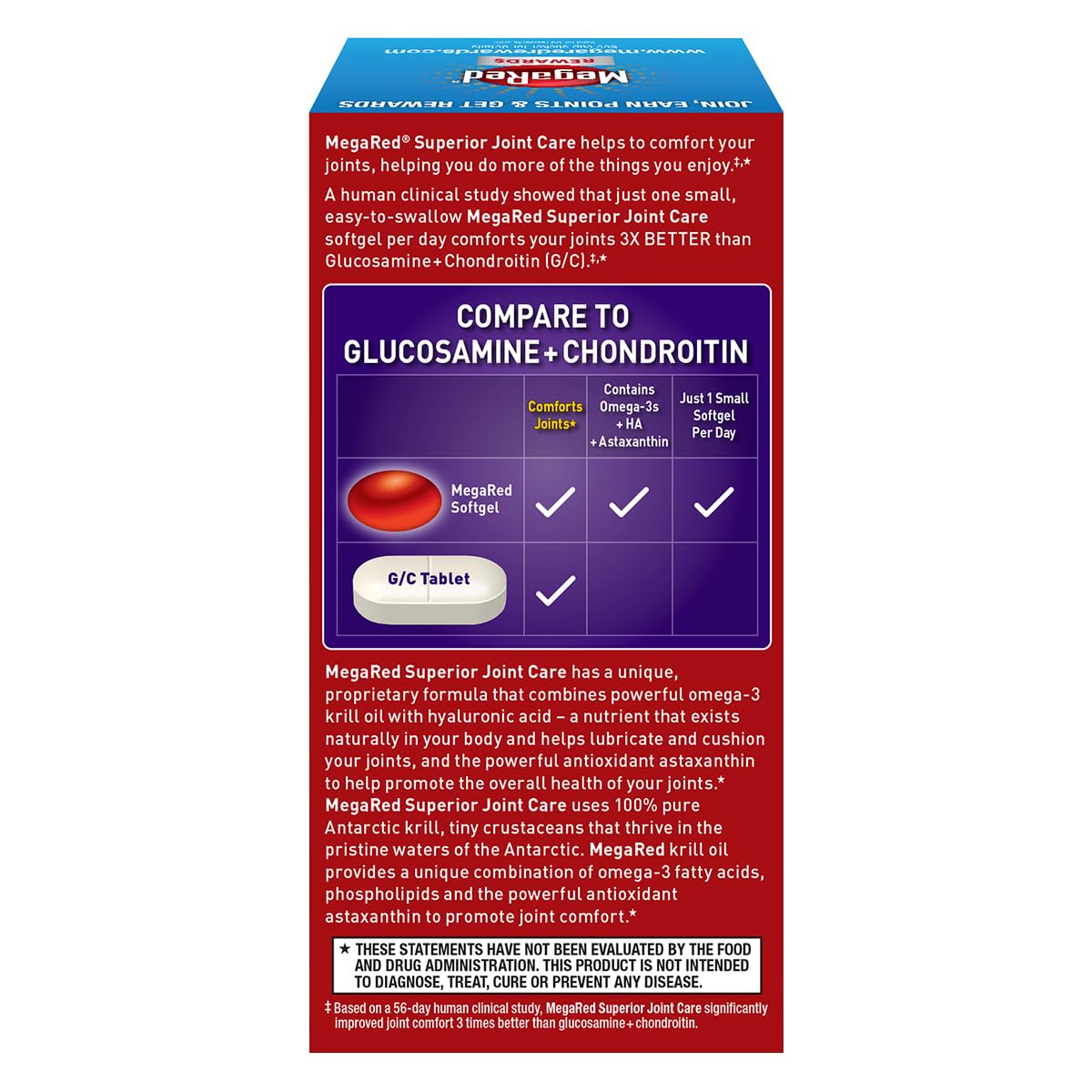 Omega-3 Krill Oil and Joint Supplement - Megared Joint Care 60 softgels - EPA/DHA fatty acids, Antioxidants, Hyaluronic acid, No fishy burp aftertaste as with Fish Oil MegaRedAu supplements