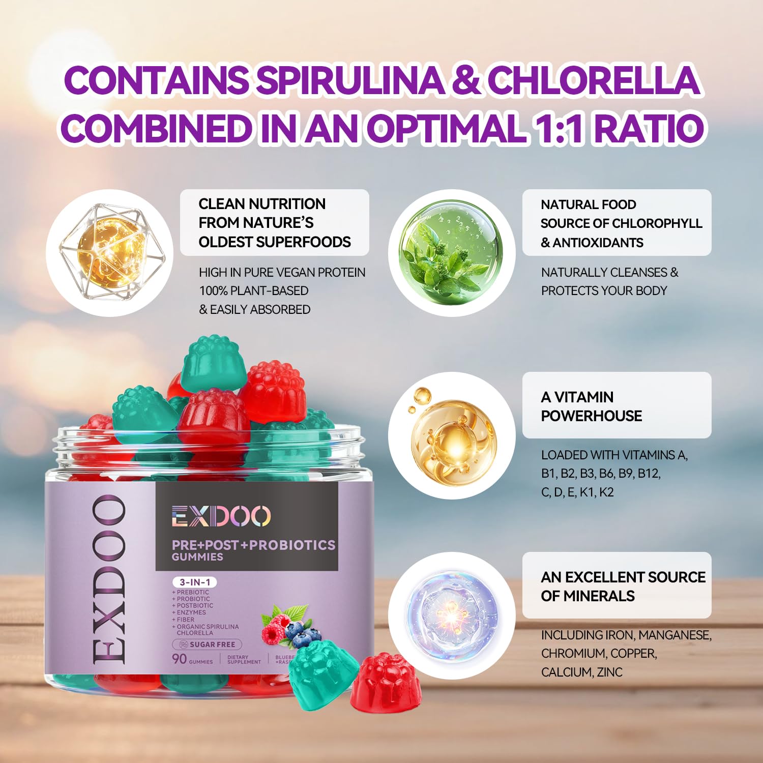 exdoo 3-in-1 Probiotic Gummies Prebiotic+Probiotic+Postbiotic with Organic Spirulina Chlorella Immune Gut & Digestive Support 90 Count exdooAu supplements