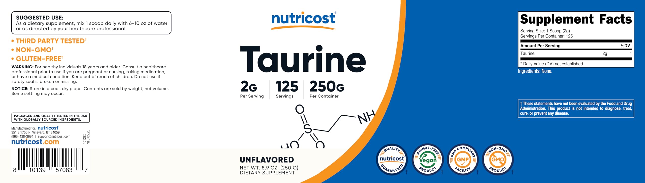 Nutricost Taurine Powder 250 Grams - 125 Servings, 2000mg Per Serving NutricostAu supplements