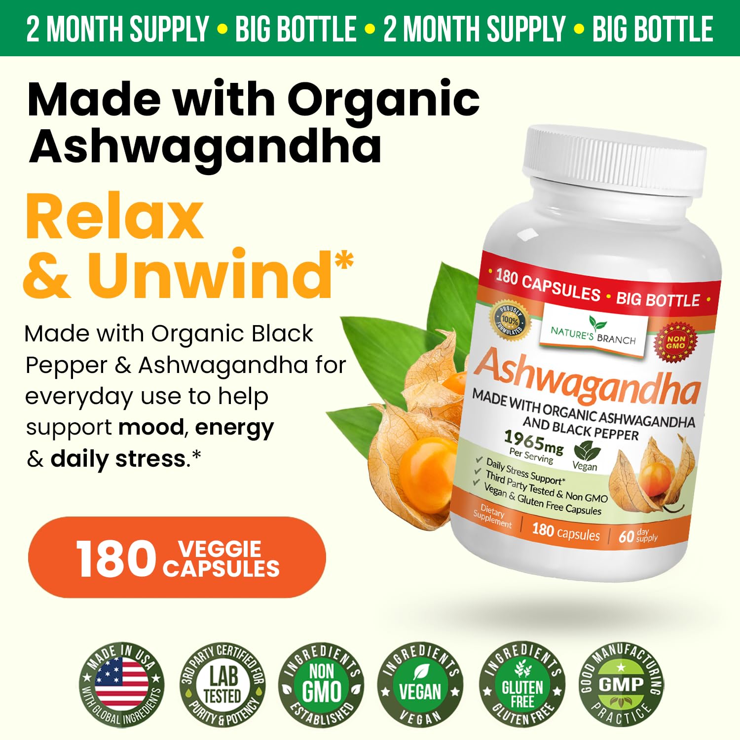UDAF Certified Organic Ashwagandha with Black Pepper, 1965mg - Extra Strength for Stress, Sleep, Mood, Thyroid, Energy, Hair, Vegan Pure Root Extract Powder Supplement for Men and Women | 180 Capsules NATURE'S BRANCHAu supplements