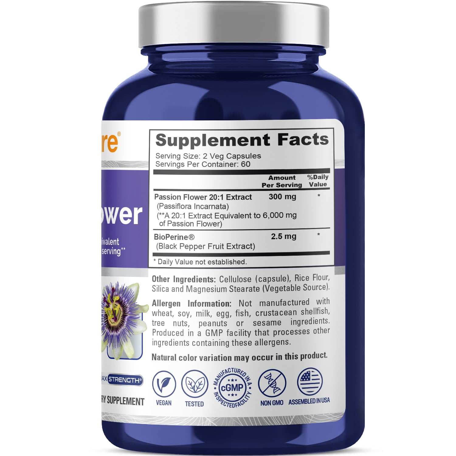 NusaPure Passion Flower 20:1 Extract, 300 mg Equivalent to 6,000mg, 120 Veggie Caps, Non-GMO, Bioperine, & Vegan Extract Supplement NusaPureAu supplements