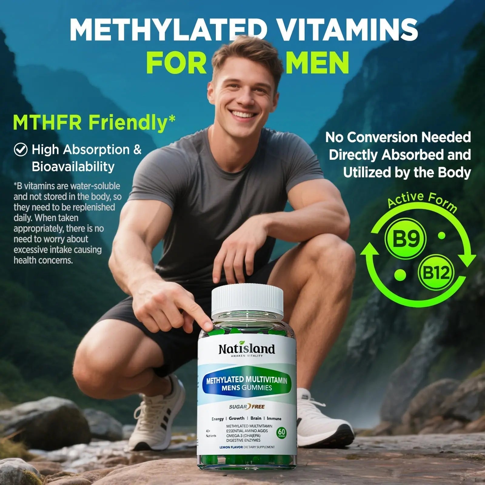 Methylated Multivitamin for Men Gummies, Men`s Multivitamins Gummies with Vitamin B Complex, A, C ,D3, E, K2, Calcium, Magnesium, Omega-3 NATISLANDAu supplements