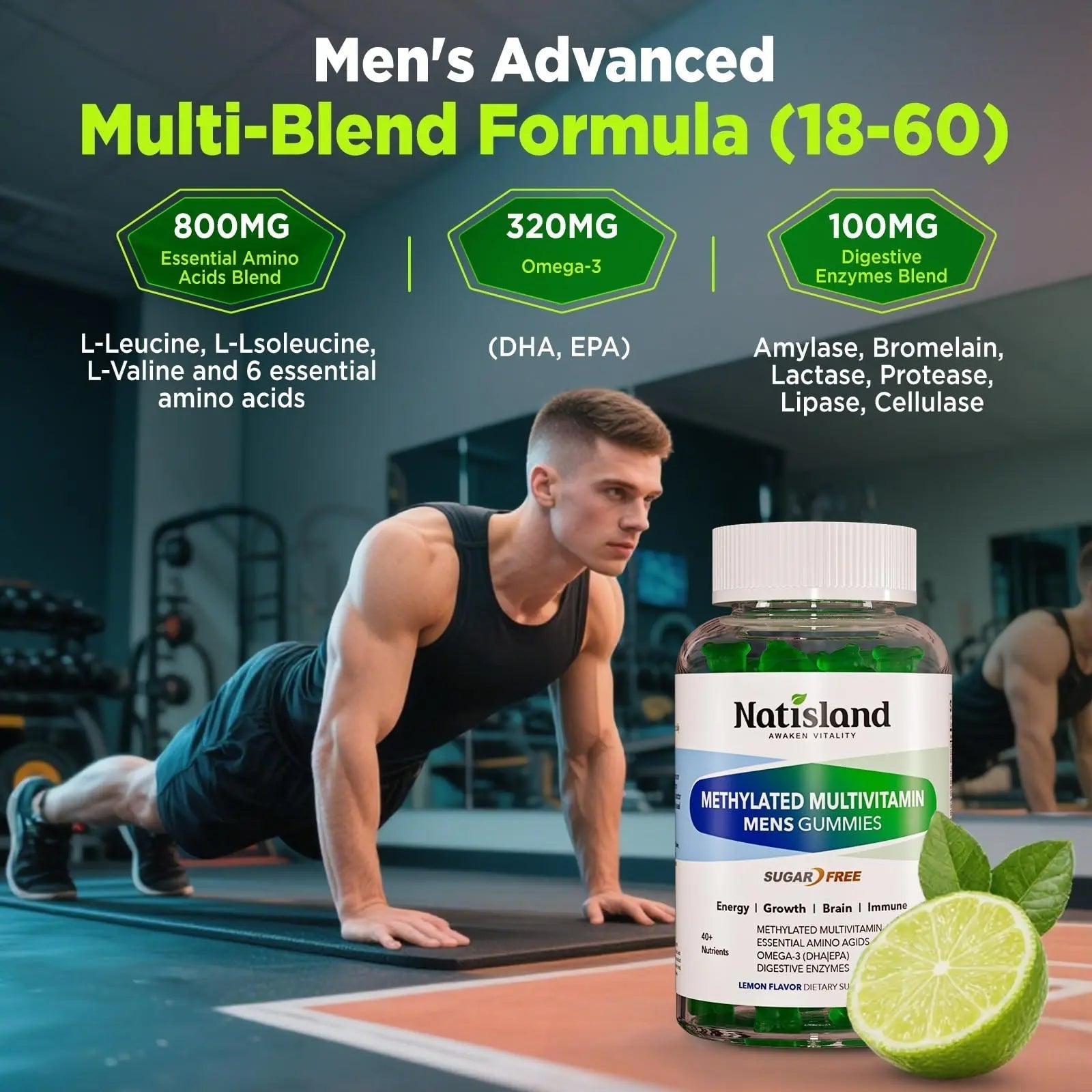 Methylated Multivitamin for Men Gummies, Men`s Multivitamins Gummies with Vitamin B Complex, A, C ,D3, E, K2, Calcium, Magnesium, Omega-3 NATISLANDAu supplements