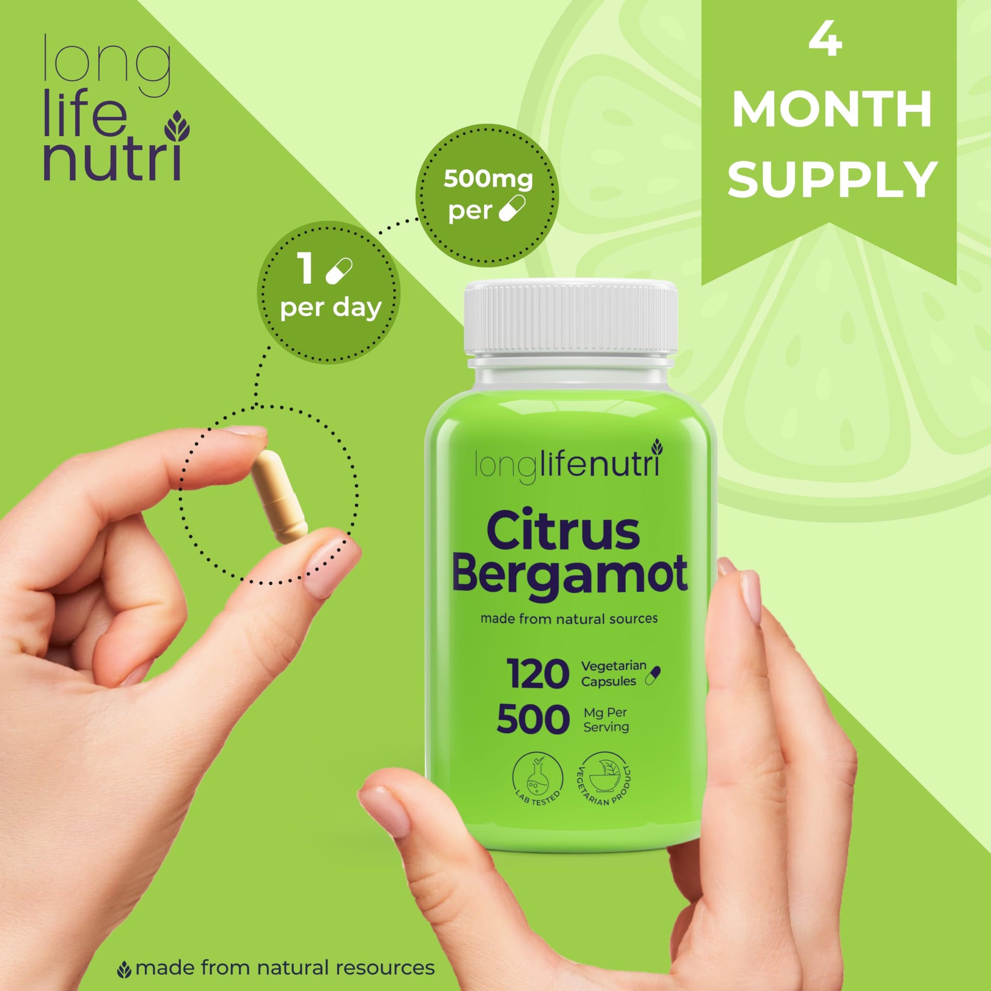 LongLifeNutri Citrus Bergamot Extract 500mg - 120 Vegetarian Capsules, 40% Polyphenolic Flavanones, 4-Month Supply, Plant-Based Anti-Oxidant, Tested, Made in USA LongLifeNutriAu supplements