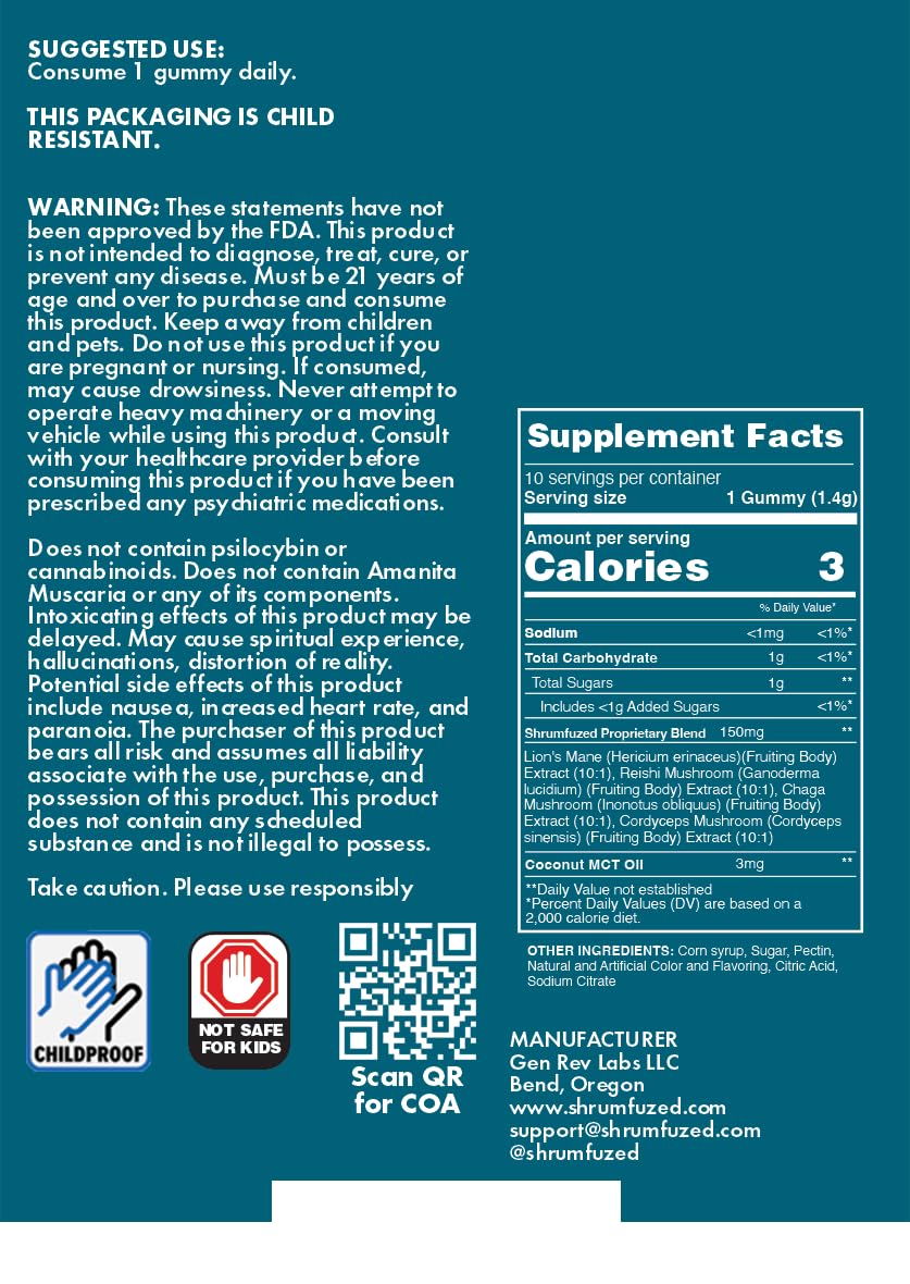 Shrumfuzed Miniz - Proprietary Nootropic Gummy 3200mg - Lion's Mane, Reishi, Chaga, Cordycep, and Proprietary Nootropic Mushroom Blend (10pk, Assorted) ShrumfuzedAu supplements