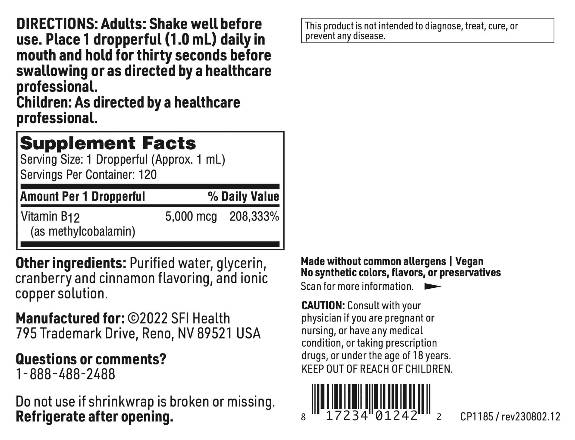 Klaire Labs SFI Health Vitamin B12 Liquid Drops 5mg - Mood & Cognitive Support from 5000mcg Active Coenzyme Methylcobalamin - Hypoallergenic (120 Servings, 4 Fluid Ounces) SFI HealthAu supplements