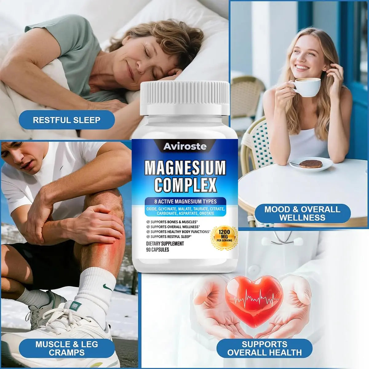 8 in 1 Magnesium Complex Supplement - 8 Elemental 1000mg - Magnesium Glycinate, Citrate, Malate, Taurate - High Absorption,for Muscle, Nerve & Sleep Support - 90 Capsules Avirostenz supplements
