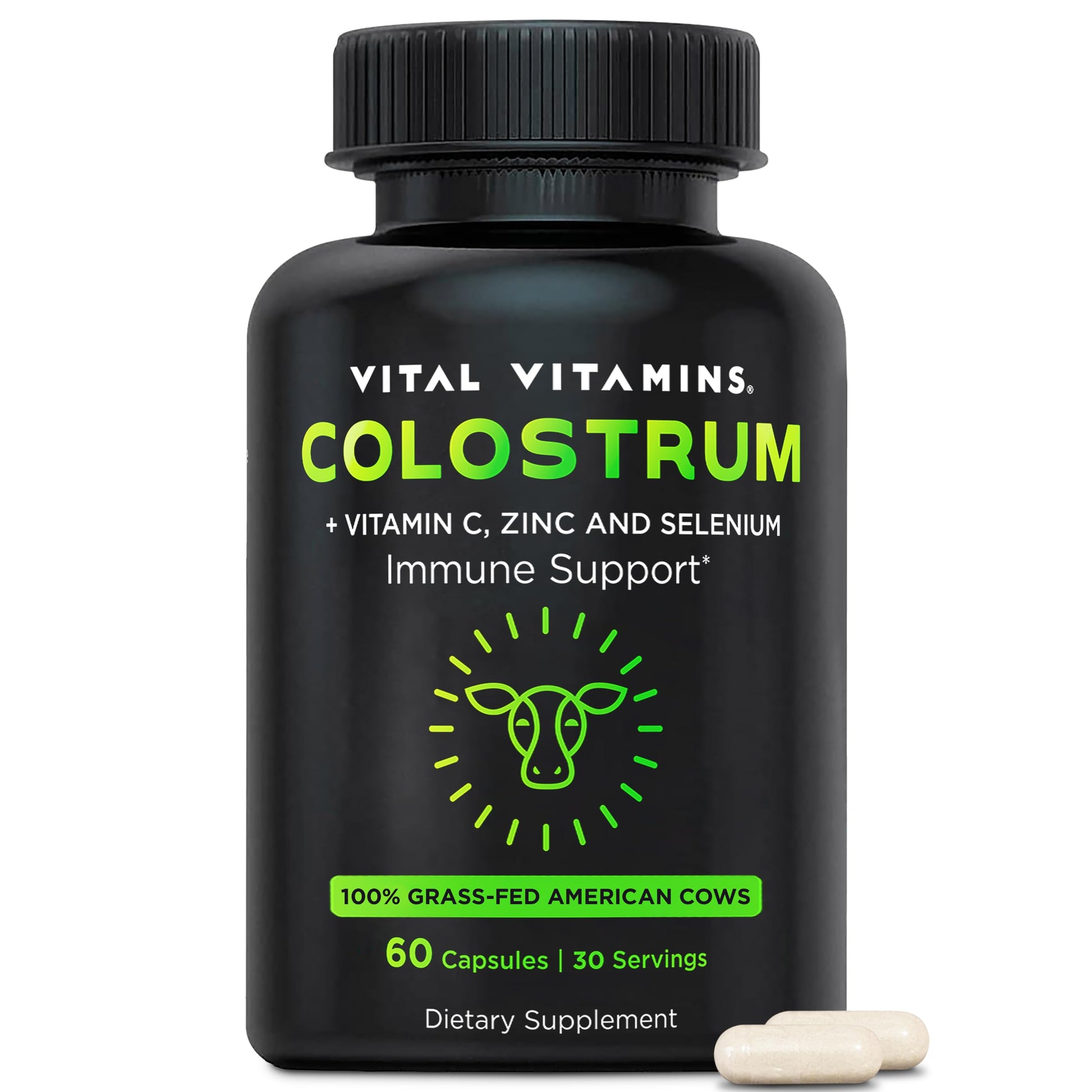 Vital Vitamins Colostrum Supplement - Vitamin C, Zinc, & Selenium - from First Milking - Standardized to Contain 10% IgG Immunoglobulins - Grass-Fed American Cows - 60 Capsules Vital VitaminsAu supplements