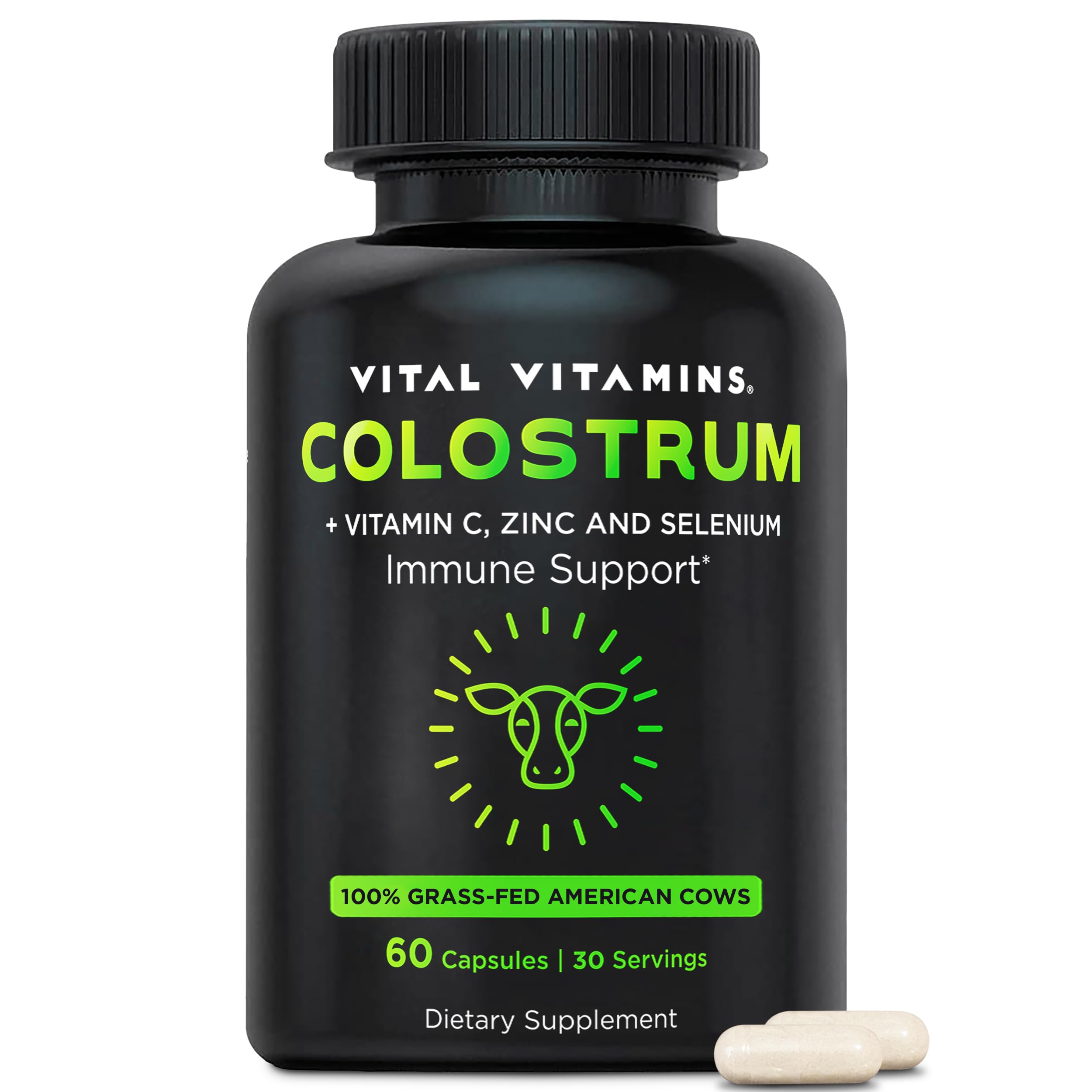 Vital Vitamins Colostrum Supplement - Vitamin C, Zinc, & Selenium - from First Milking - Standardized to Contain 10% IgG Immunoglobulins - Grass-Fed American Cows - 60 Capsules Vital VitaminsAu supplements