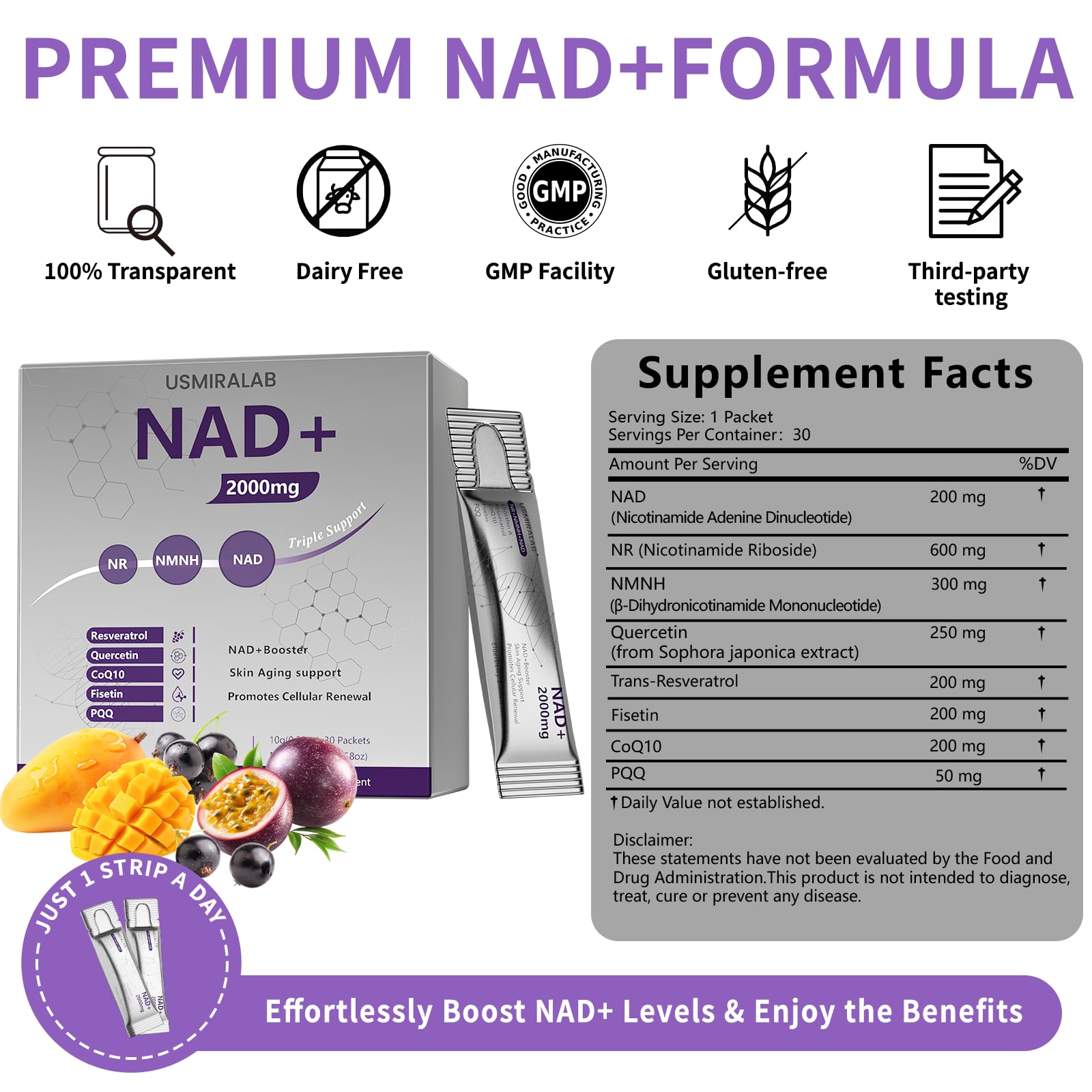 NAD+ Supplement Packets | 1000mg Liquid | Advanced Nicotinamide Riboside, Trans-Resveratrol, PQQ & Quercetin Complex for Cellular Energy & Healthy Aging Support - 2 Flavors (30 Count) USMIRALABAu supplements