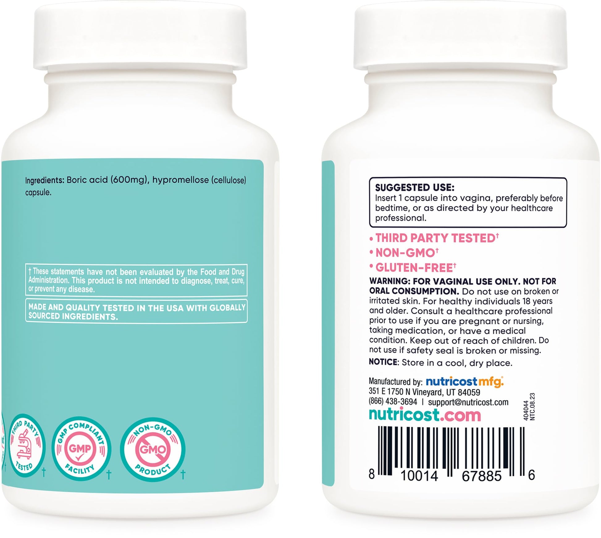 Nutricost Boric Acid 600mg, 60 Capsules - Vaginal Suppository - Non-GMO - for Women NutricostAu supplements