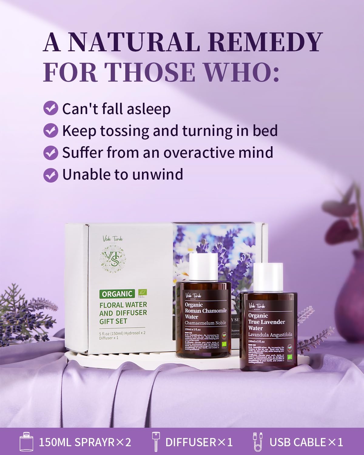 VTS Organic Lavender Water and Roman Chamomile Floral Water with Diffuser, Aromatherapy Air VEDA TINDA SCENTAu supplements