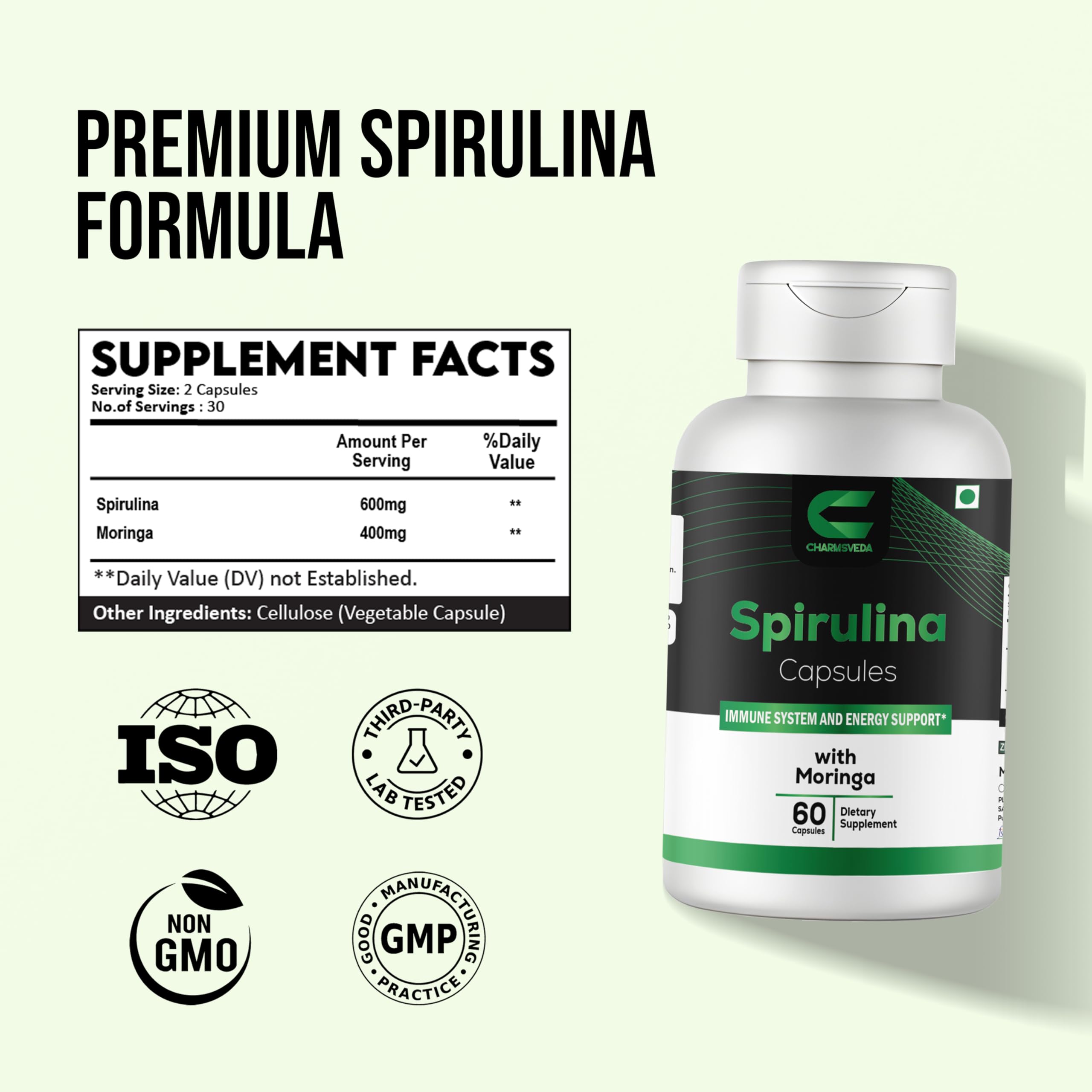 CHARMSVEDA Spirulina Capsules with Moringa – Herbal Immune Support* – 60 Vegan Capsules CHARMSVEDAAu supplements