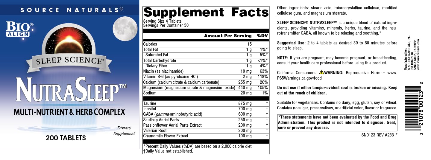 Source Naturals NutraSleep, Melatonin-Free Multi-Nutrient & Herb Complex, Vegetarian Formula for Relaxation Support - 200 Tablets Source NaturalsAu supplements