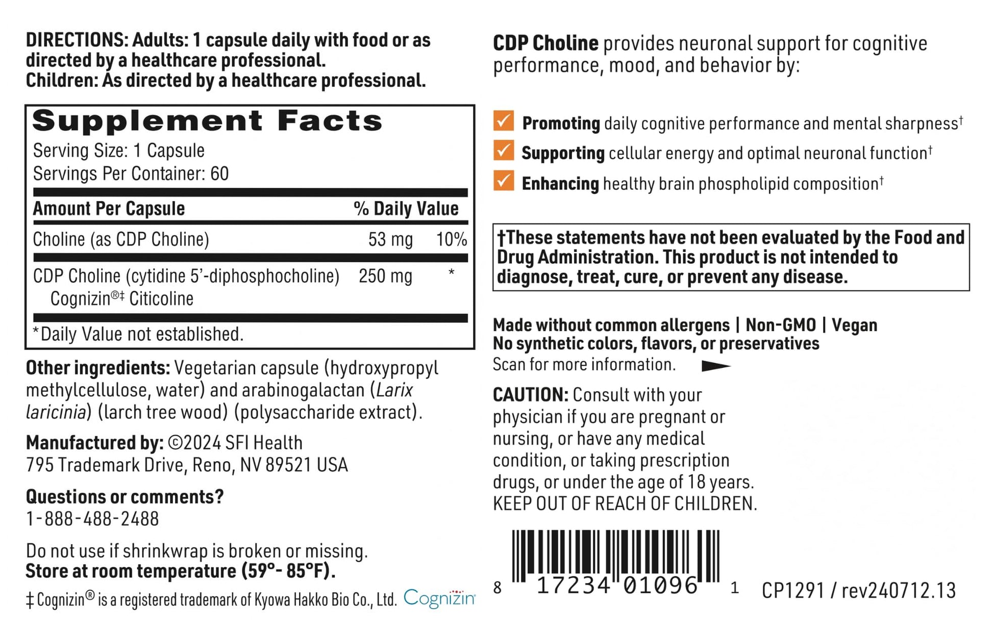 Klaire Labs SFI Health CDP Choline 250mg - Soy-Free Choline Supplements - Cognizin Citicoline to Help Support Memory, Focus & Attention - Bioavailable Active Form, Hypoallergenic (60 Capsules) SFI HealthAu supplements