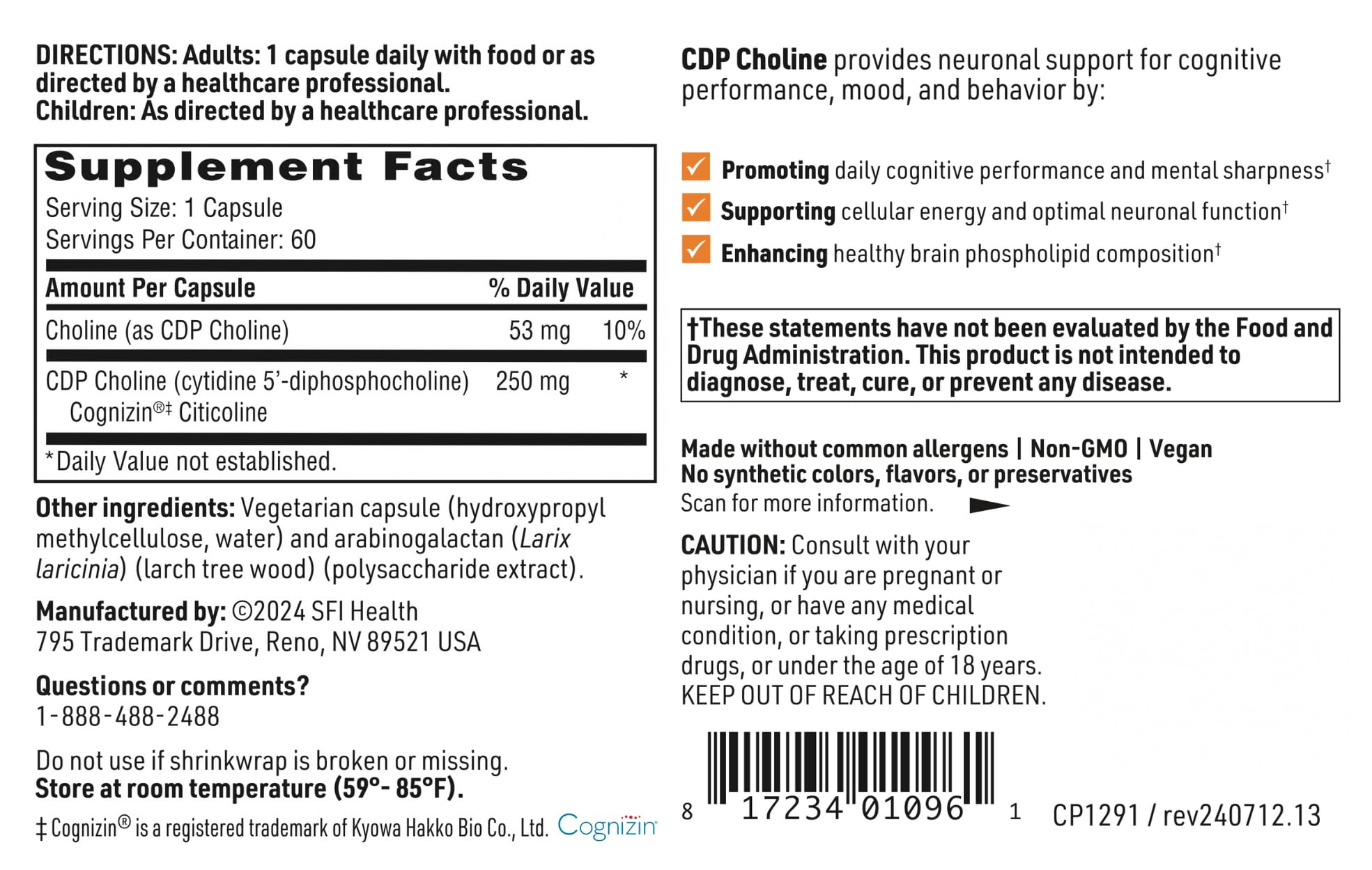 Klaire Labs SFI Health CDP Choline 250mg - Soy-Free Choline Supplements - Cognizin Citicoline to Help Support Memory, Focus & Attention - Bioavailable Active Form, Hypoallergenic (60 Capsules) SFI HealthAu supplements