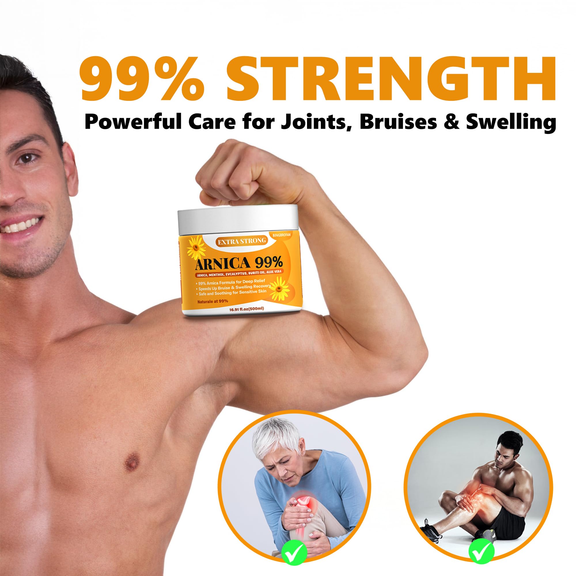 Bingbrofam Arnica Cream 99% Extra Strength Gel Pain Relief for Fast Healing Thin Skin, Seniors Bruises with Menthol, Swelling, Soothing Massage, 16.9 Oz BingbrofamAu supplements
