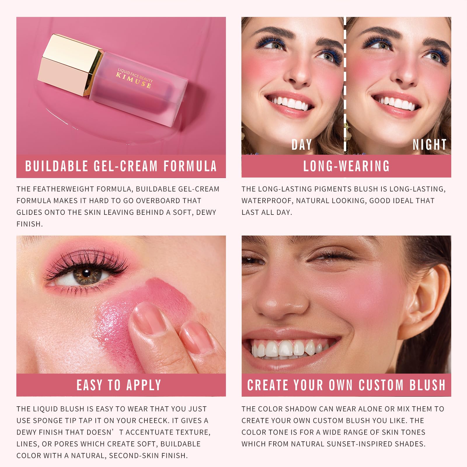 KIMUSE Liquid Blush, Long-Wearing Pigmented Soft Cream Face Blush, Waterproof, Smudge Proof, Dewy Finish KIMUSEAu supplements