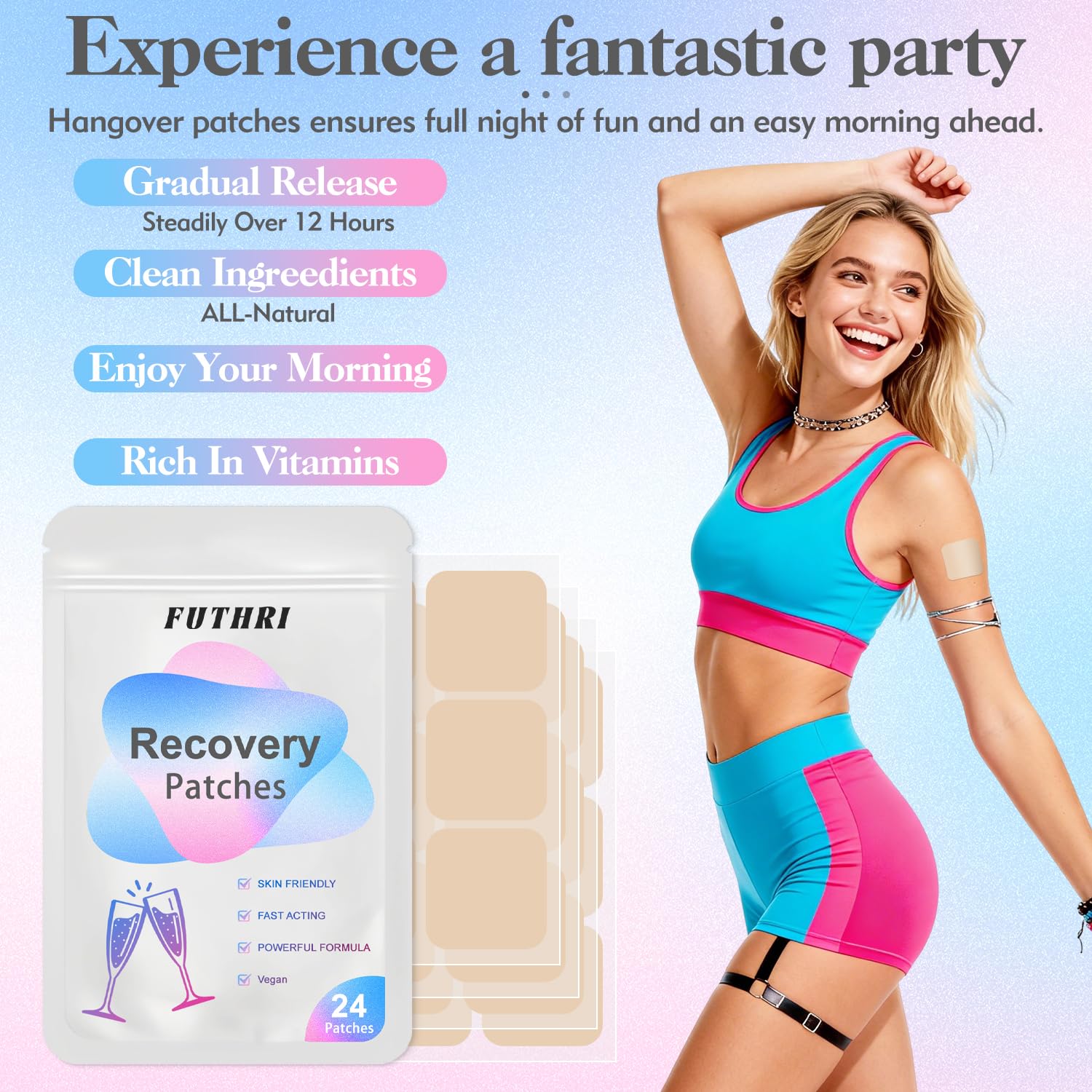 FUTHRI Recovery Patch 24 Pack: Wake Up Refreshed with Natural Ingredients - Waterproof & Skin-Friendly - Pre-Drink Patch for Festivals & Nights Out FUTHRIAu supplements