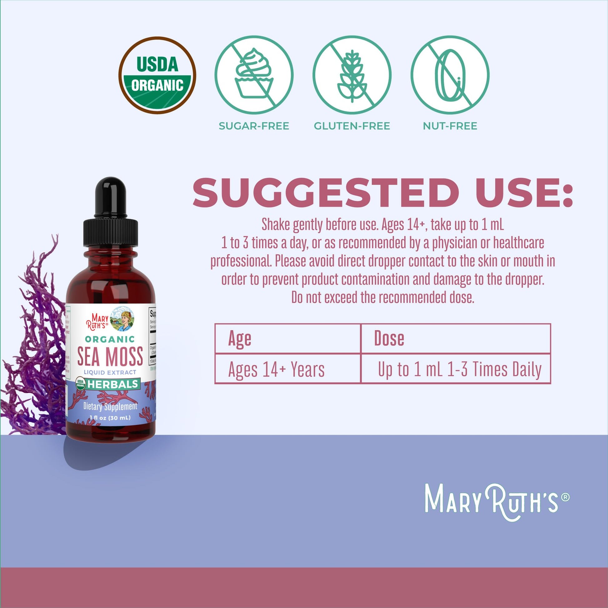 MaryRuth Organics Irish Sea Moss Liquid Drops | Chondrus Crispus | Wild Harvested | Organic Irish Moss Formulated for Adults & Kids Ages 14+ | Unflavored | Sugar Free | Vegan | Non-GMO | 1 Fl Oz MARYRUTH'SUS supplements