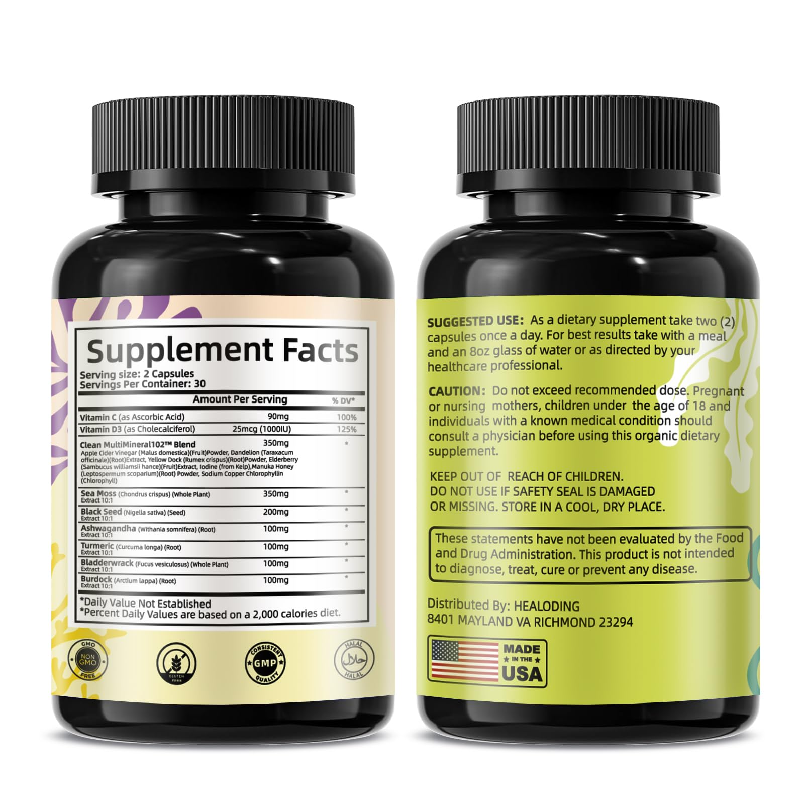 HEALOADING Sea Moss Capsules：Wildcrafted Organic Irish Seamoss & Bladderwack - Rich in Minerals, Supports Thyroid Health, Digestion, Skin & Immune System - Vegan, Non-GMO HEALOADINGAu supplements