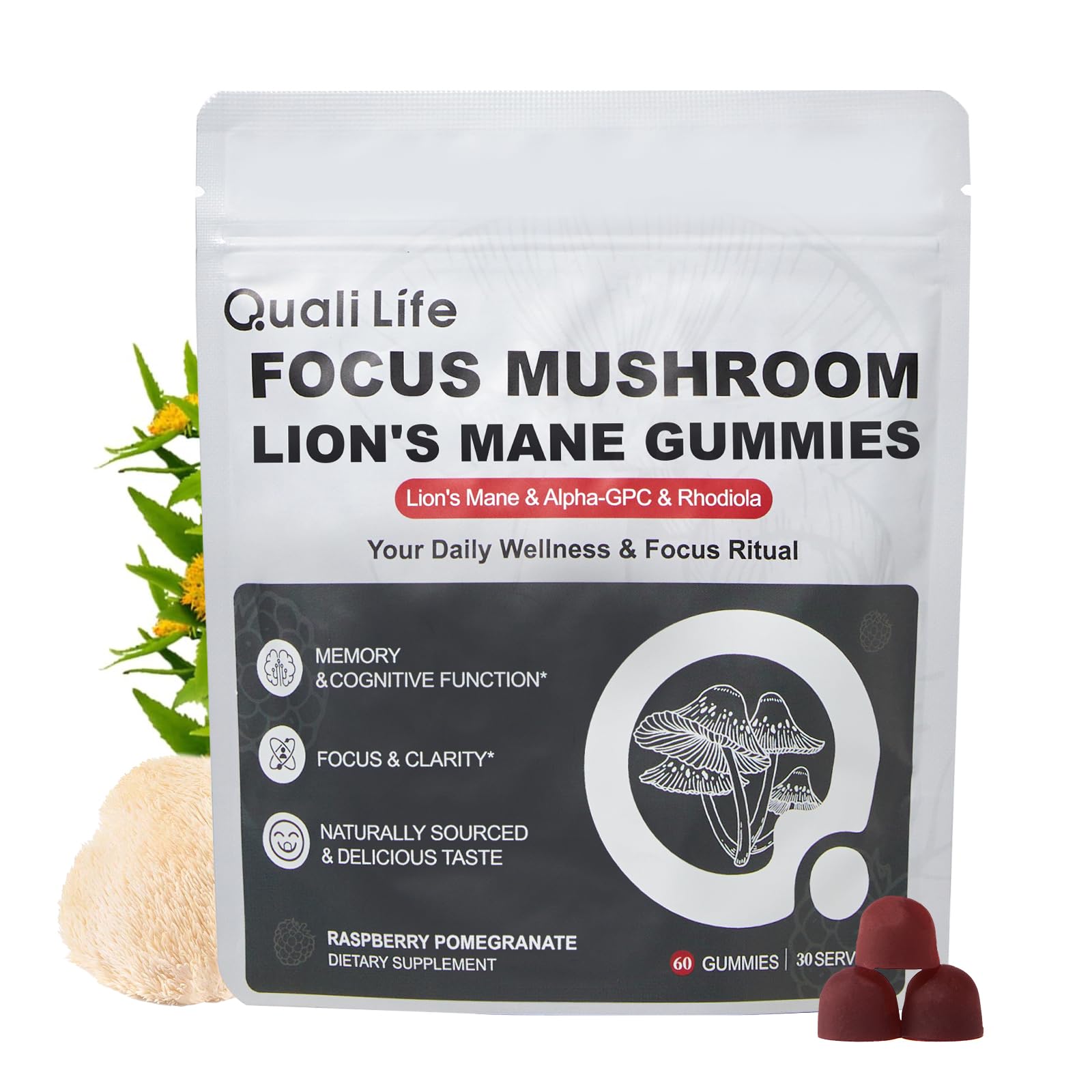 Mushroom Gummies with Lion’s Mane - Alpha Brain Gummy for Focus & Memory - Nootropic Focus Gummies with Rhodiola & Alpha-GPC – Vegan Brain Supplement, Raspberry Pomegranate Flavor, 60 Count (1) QualiLifeAu supplements