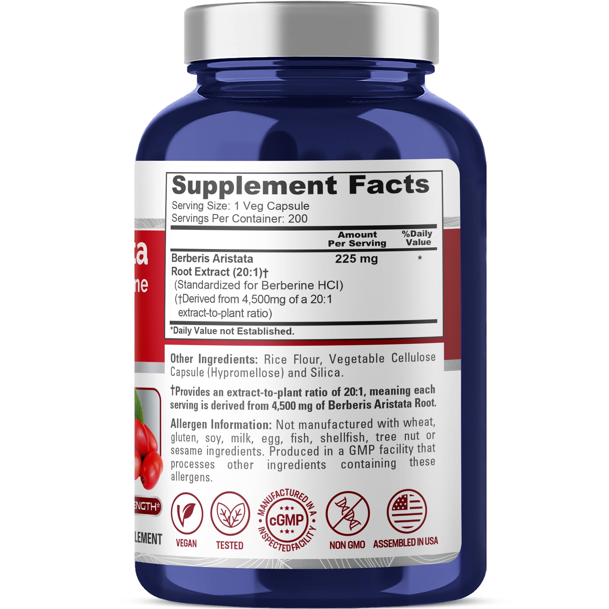 NusaPure Berberine HCI 20:1 Extract, 225 mg Equivalent to 4,500mg - 200 Veggie Caps - (Vegetarian, Non-GMO, Vegan) NusaPureAu supplements