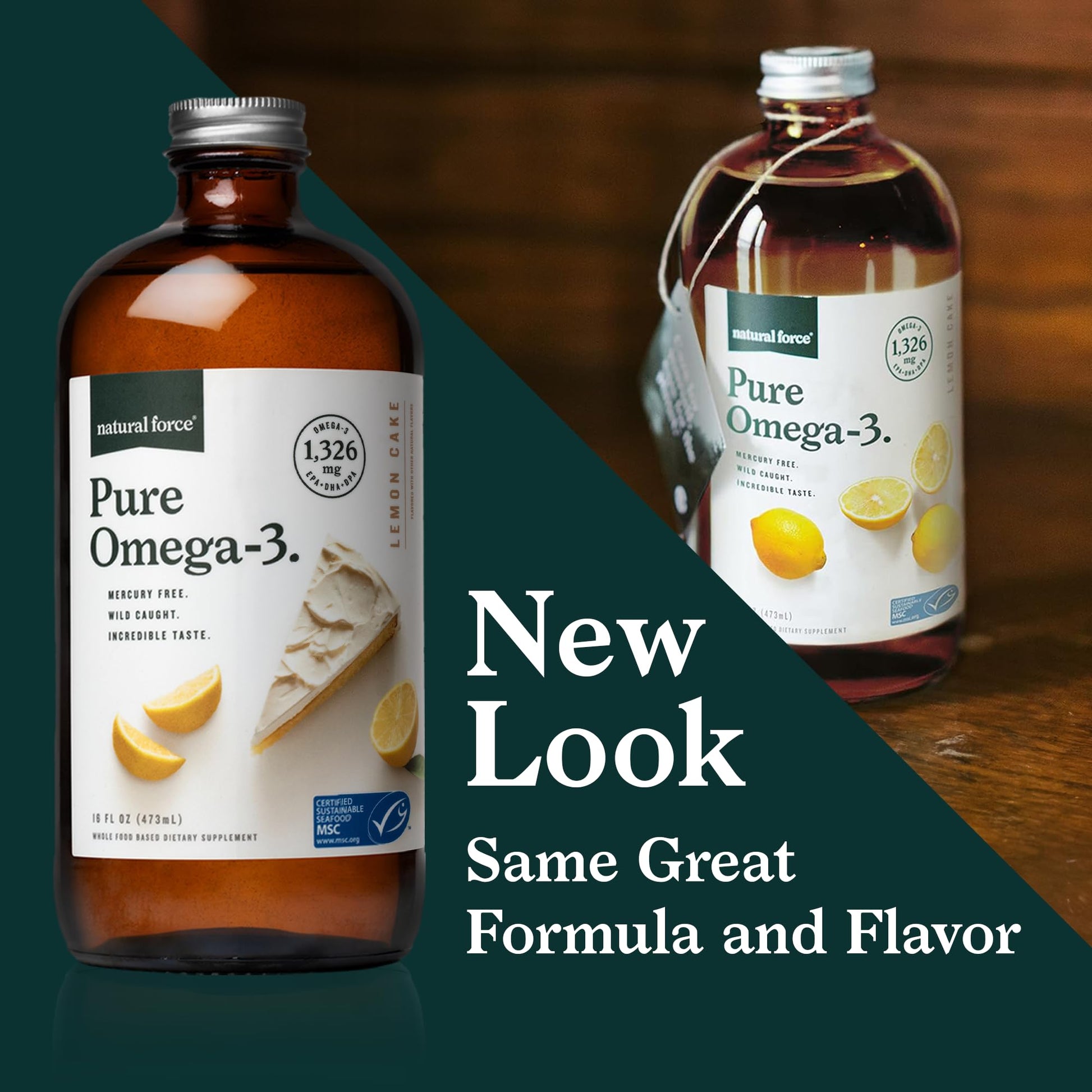 Natural Force Pure Omega 3 - Liquid Fish Oil - Delicious Lemon Cake Flavor - Mercury Free, Wild Caught, Lab Tested - 1,326 mg Triglyceride EPA, DHA, & DPA - 16 Oz Glass Bottle Natural ForceAu supplements