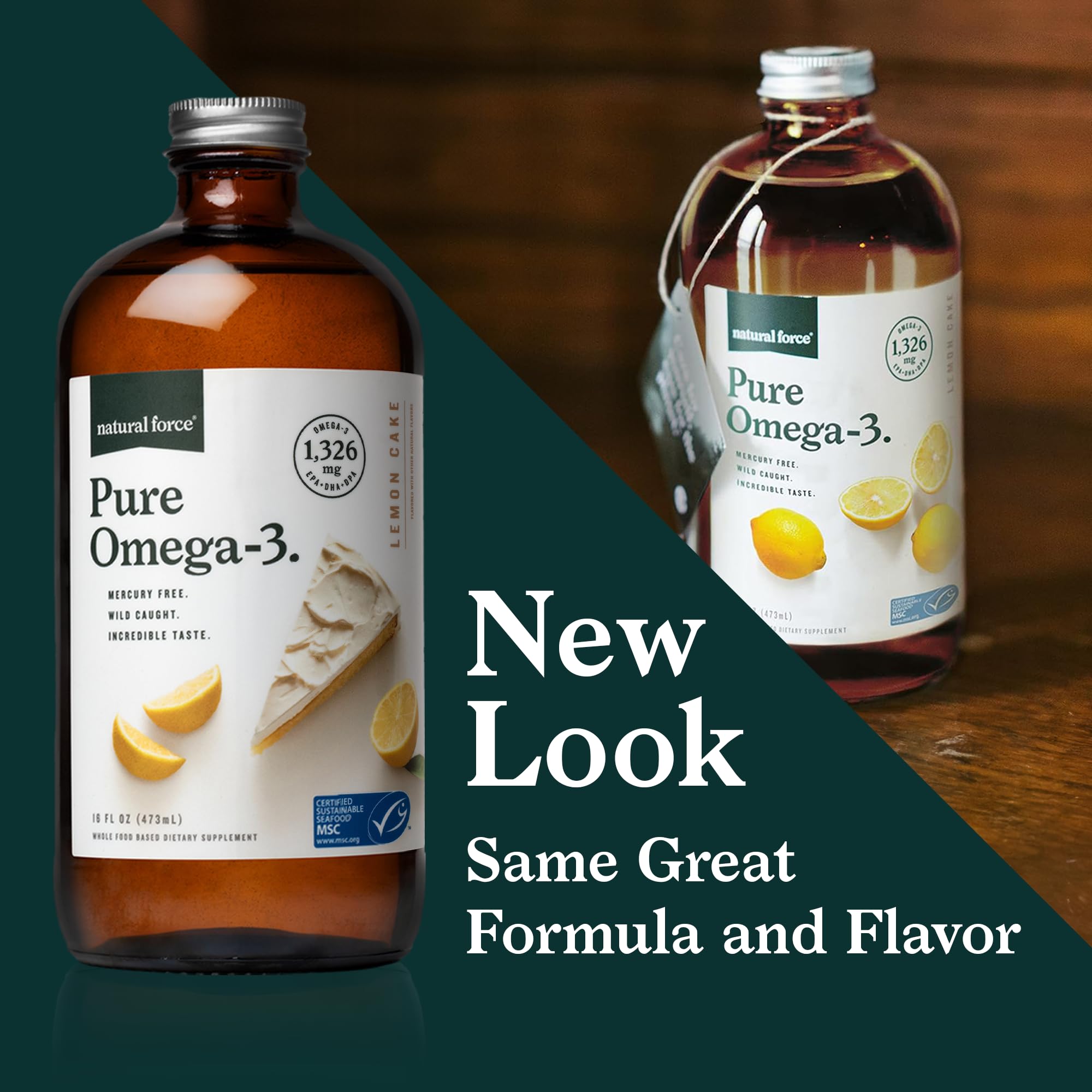 Natural Force Pure Omega 3 - Liquid Fish Oil - Delicious Lemon Cake Flavor - Mercury Free, Wild Caught, Lab Tested - 1,326 mg Triglyceride EPA, DHA, & DPA - 16 Oz Glass Bottle Natural ForceAu supplements