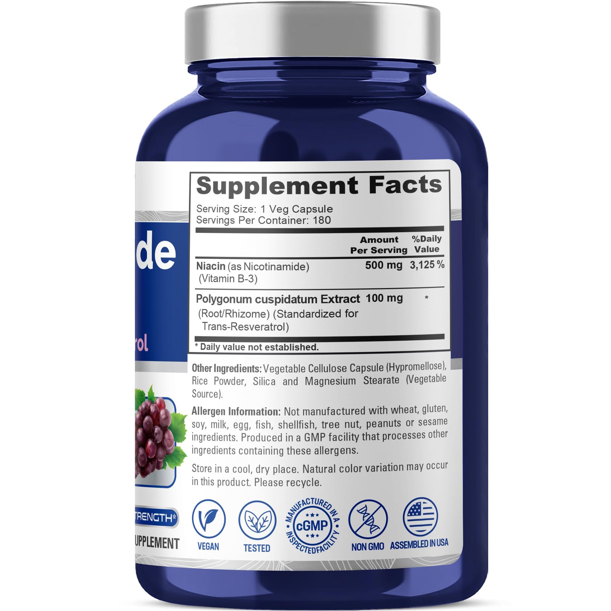 NusaPure Nicotinamide with Resveratrol (Vitamin B-3) 500 mg - 180 Vegetarian Caps (Non-GMO & Vegan) NusaPureAu supplements