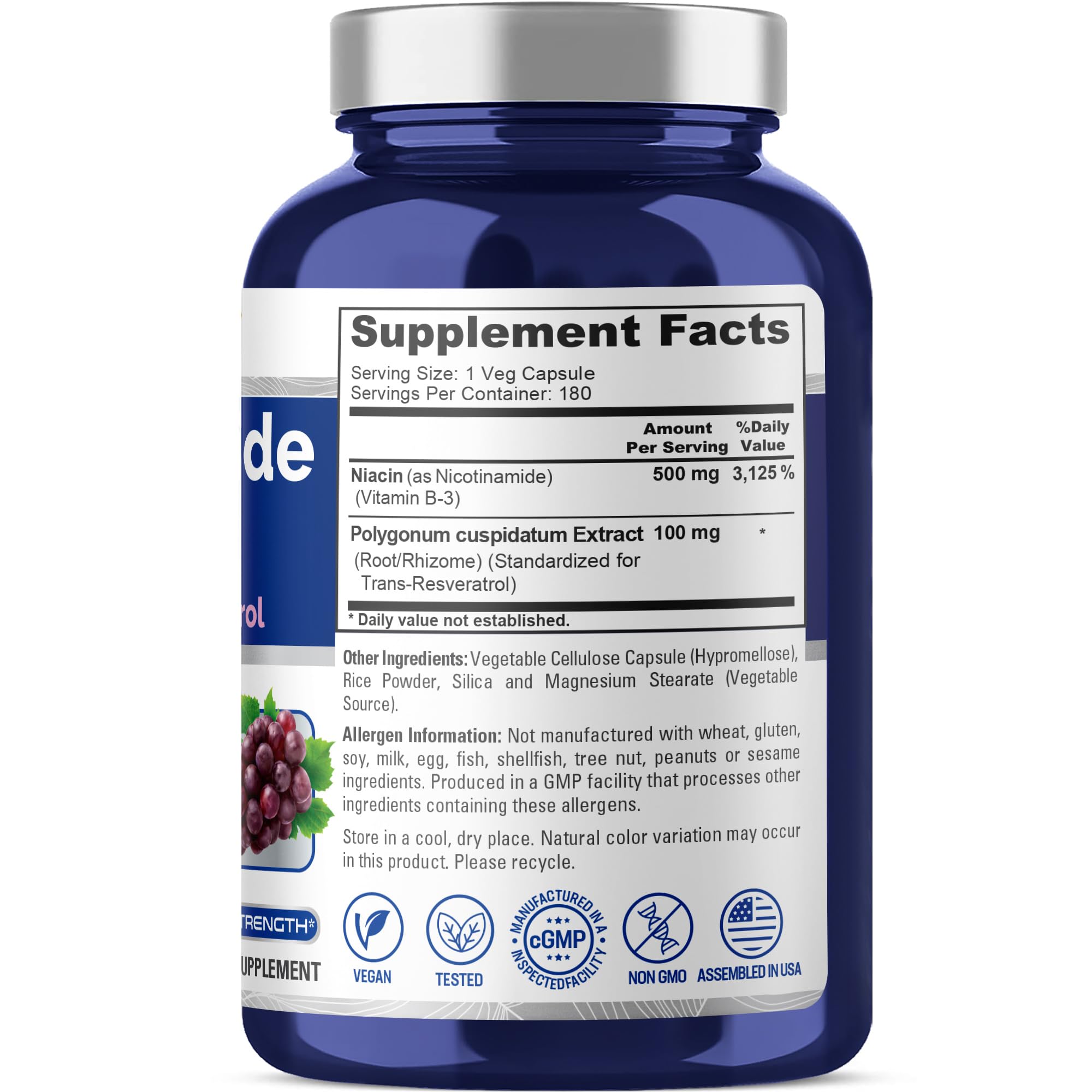 NusaPure Nicotinamide with Resveratrol (Vitamin B-3) 500 mg - 180 Vegetarian Caps (Non-GMO & Vegan) NusaPureAu supplements