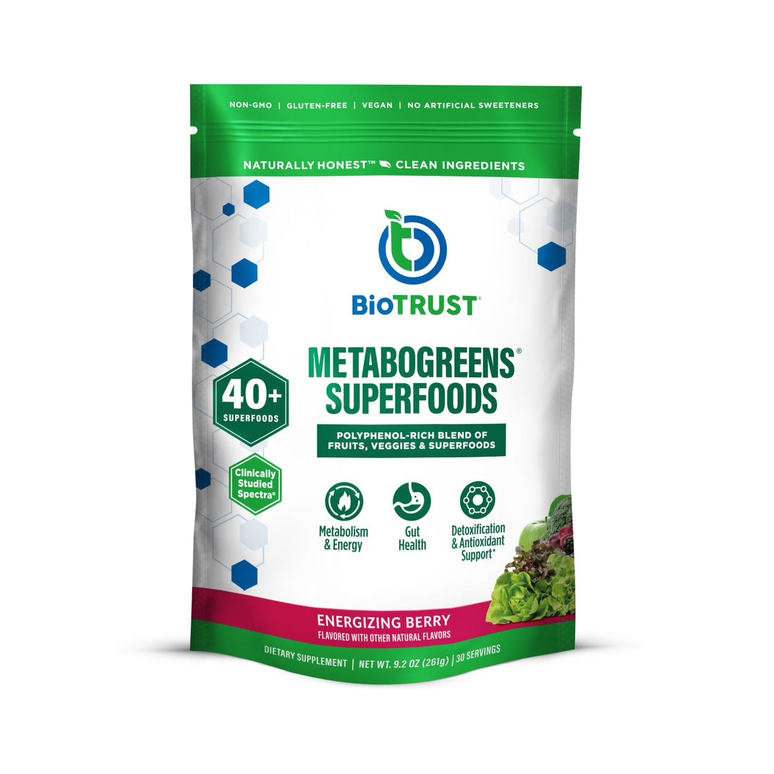 BioTrust Metabo Greens Superfood Powder - Super Greens Powder, Fruit & Veggie Blend with Clinically Studied Spectra - Non GMO, Soy Free, Gluten Free, Dairy Free, Energizing Berry Flavor (30 Servings) BioTrustAu supplements